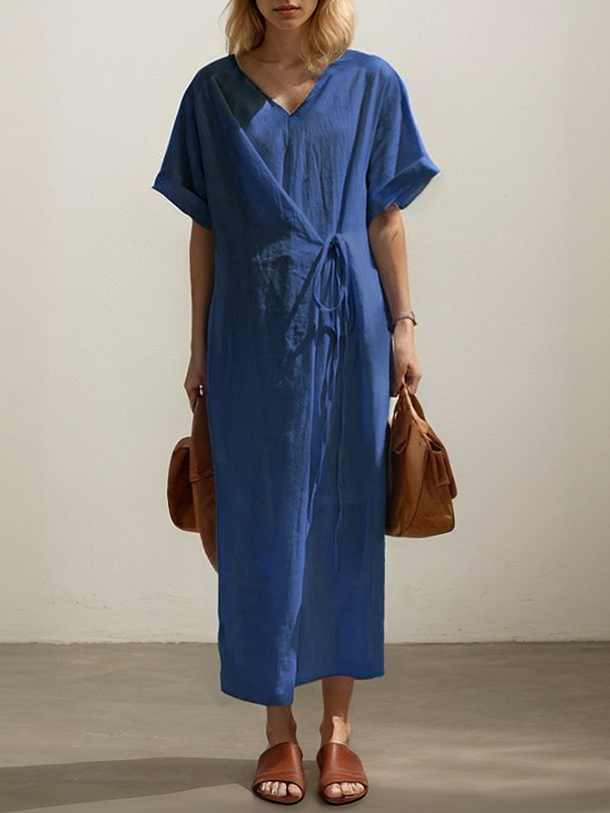 Cotton And Linen Crew Neck Plain Short Sleeve Maxi Dress