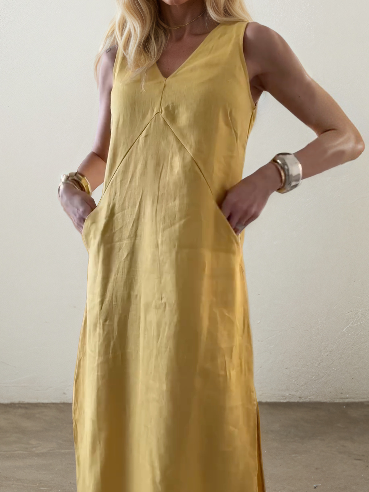 Linen V Neck Plain Sleeveless Maxi Dress