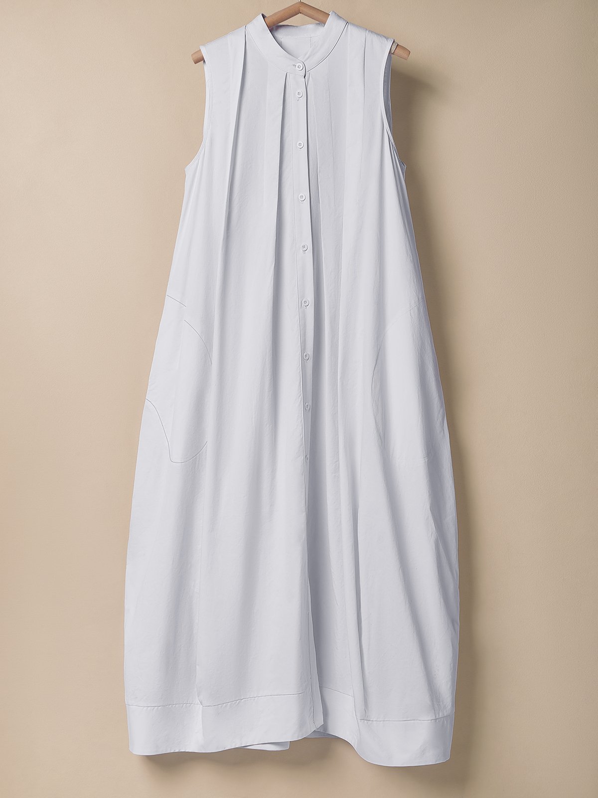 Cotton And Linen Stand Collar Pleats Sleeveless Maxi Dress