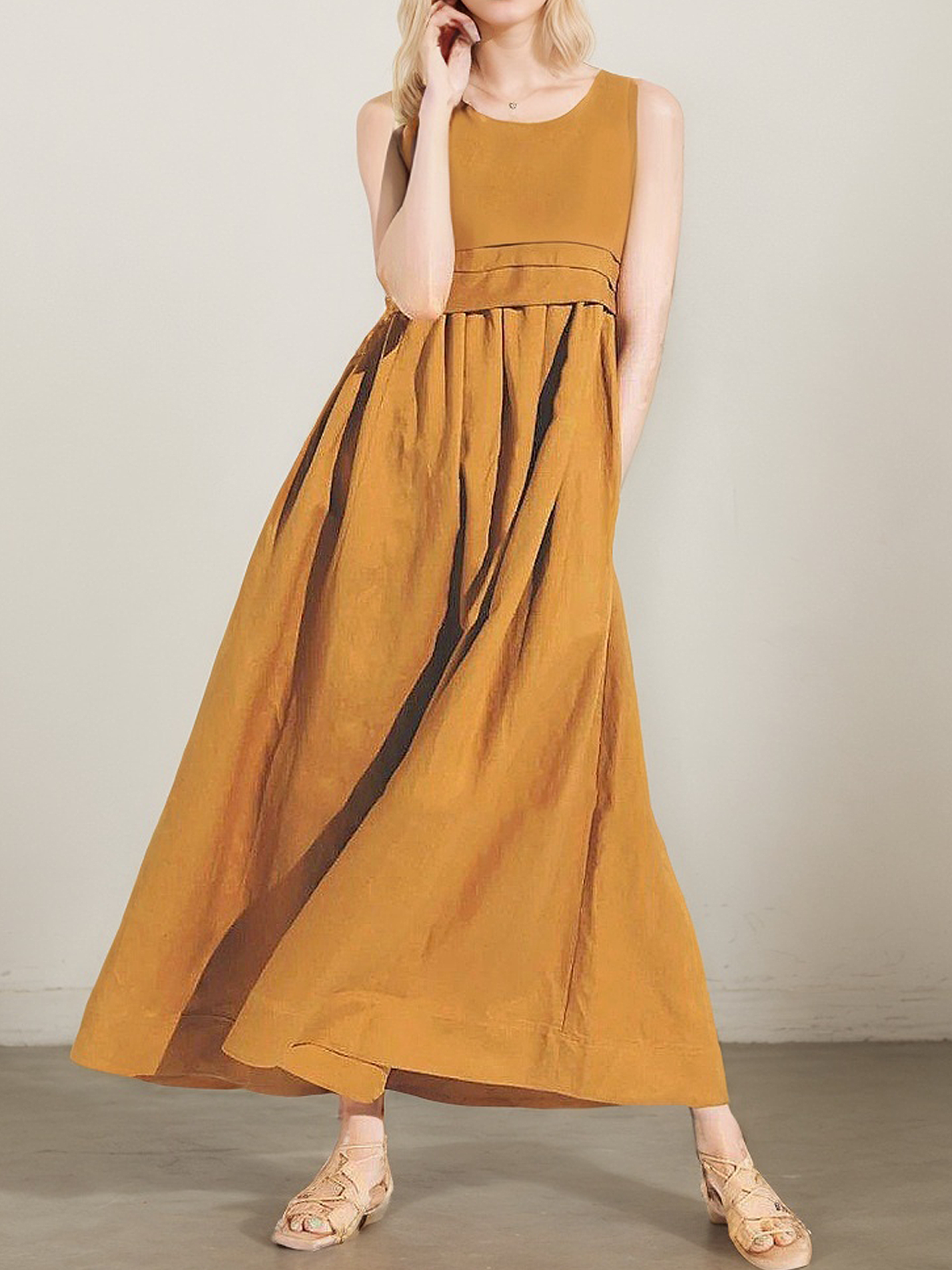 Linen Crew Neck Plain Sleeveless Maxi Dress