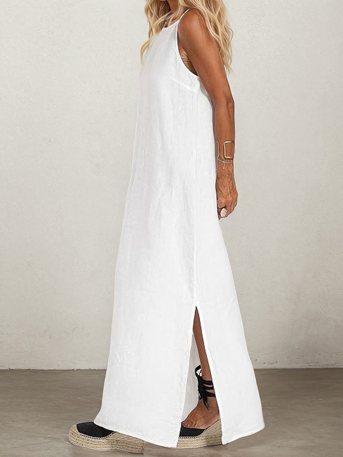 Linen Square Neck Plain Sleeveless Maxi Dress