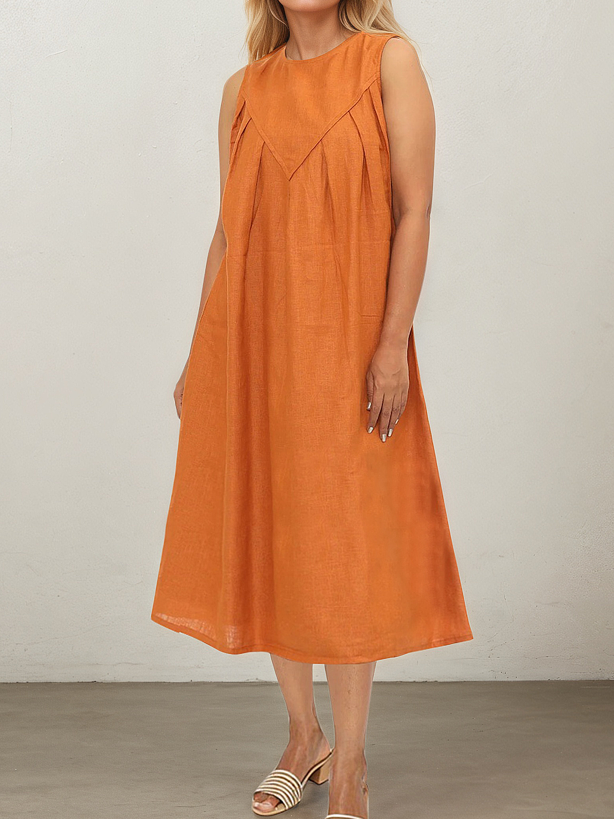 Linen Crew Neck Plain Sleeveless Midi Dress