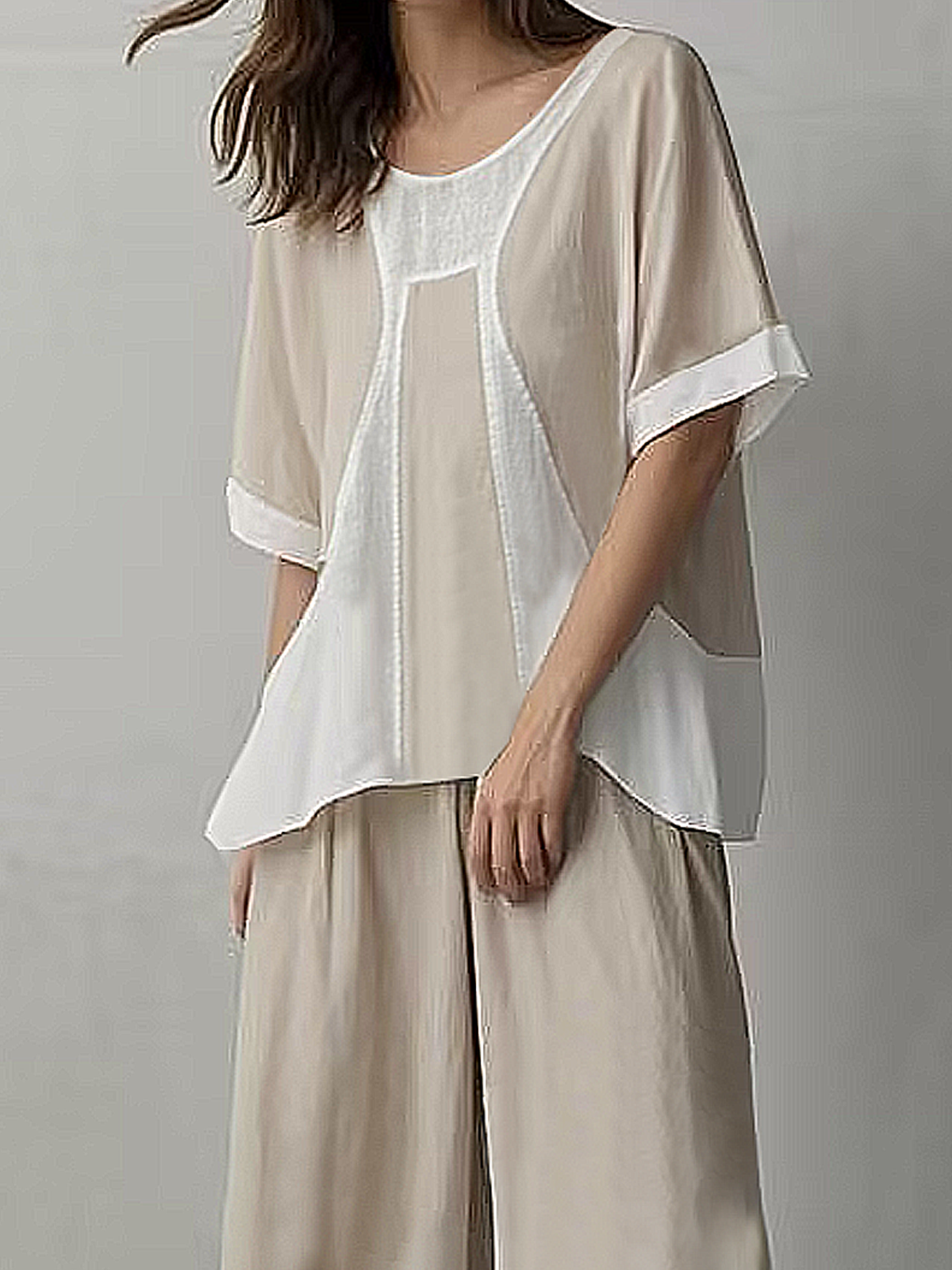 Linen Crew Neck Color Block Short Sleeve Top With Pants Two-piece Set