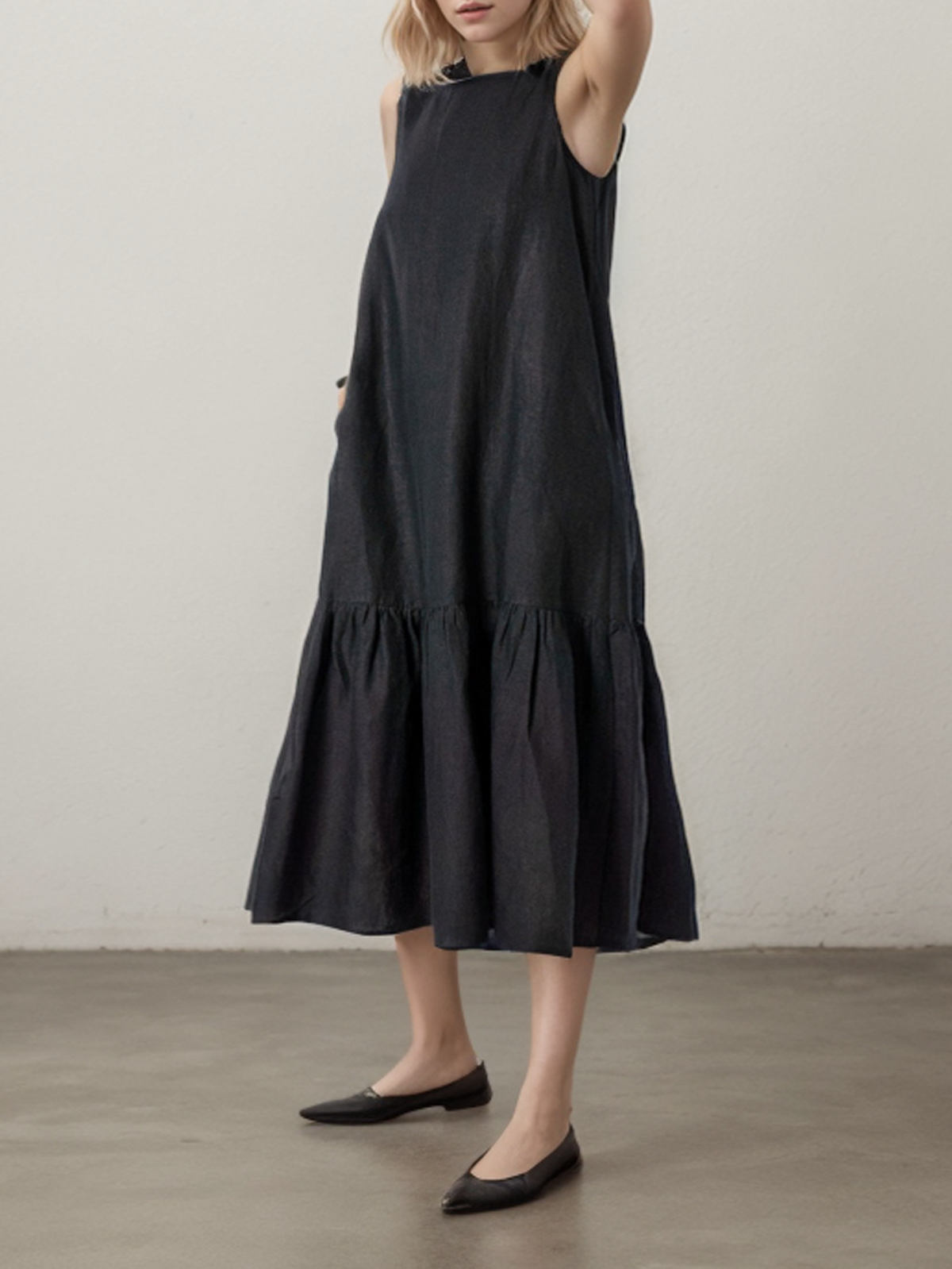 Cotton And Linen Crew Neck Plain Sleeveless Midi Dress