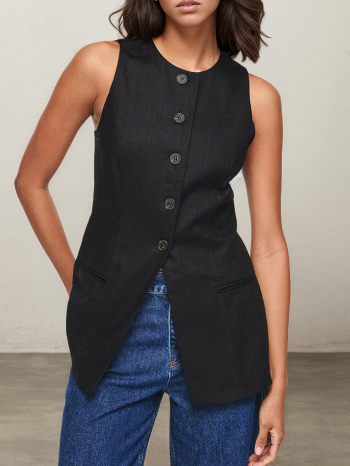 Cotton And Linen Crew Neck Button Design Sleeveless Tank Top