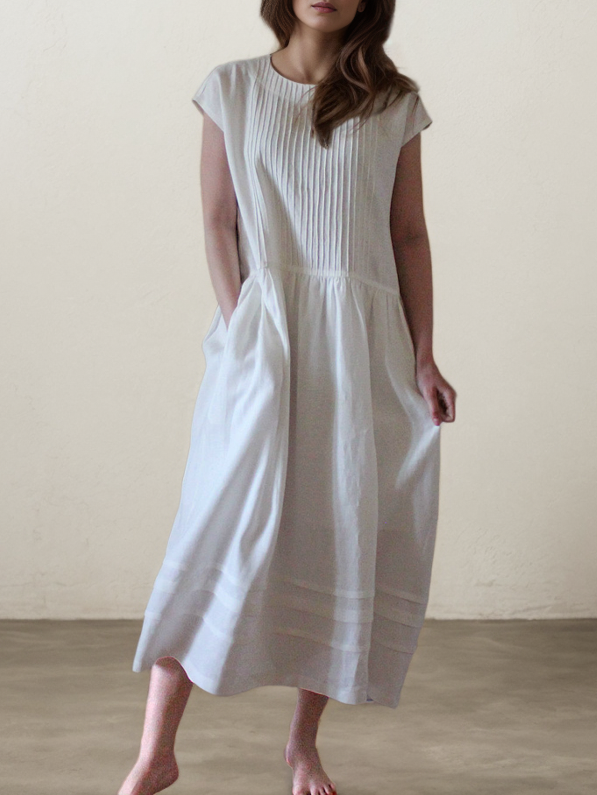 Cotton And Linen Crew Neck Plain Short Sleeve Maxi Dress