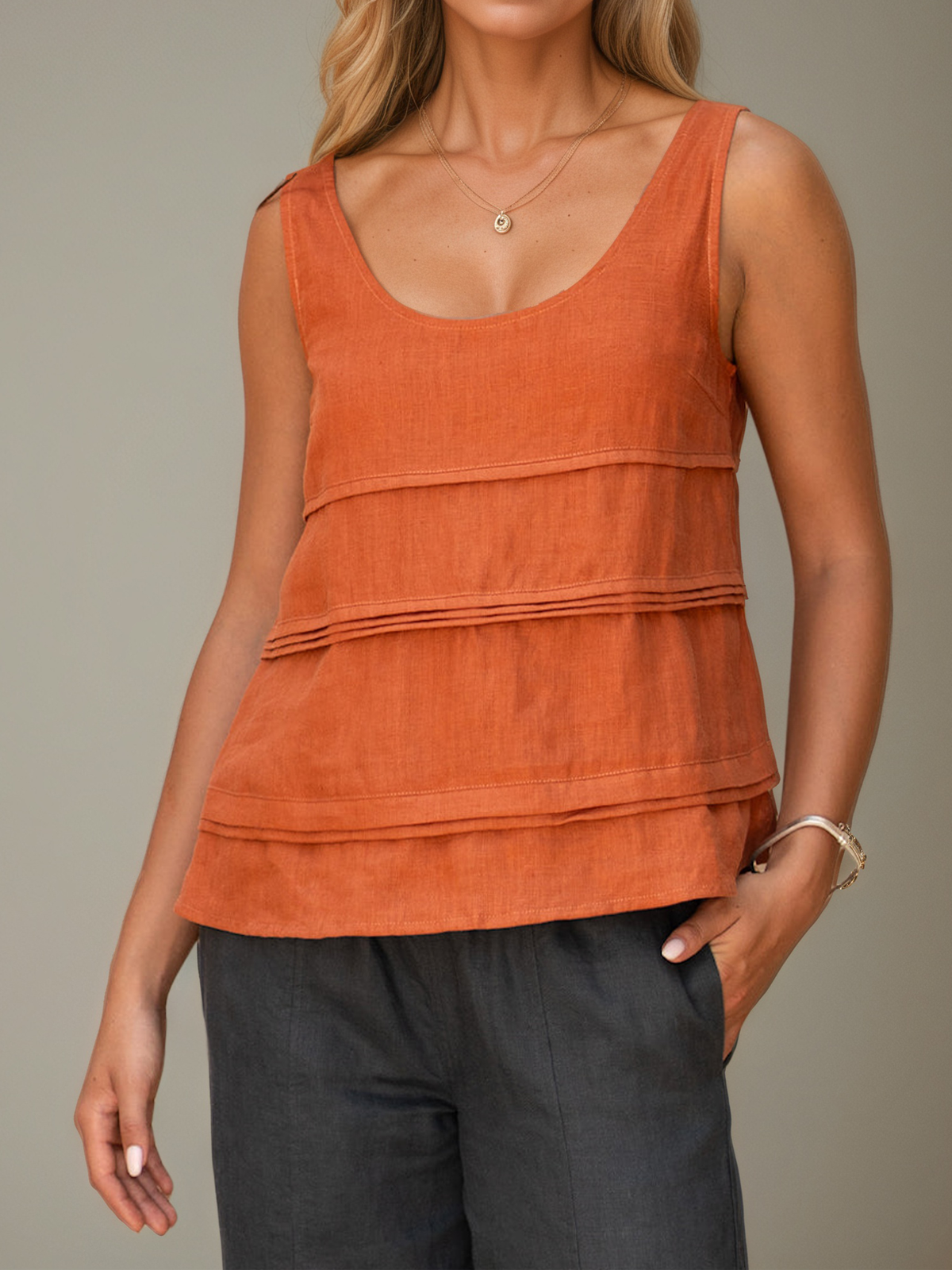 Linen Crew Neck Plain Sleeveless Tank Top