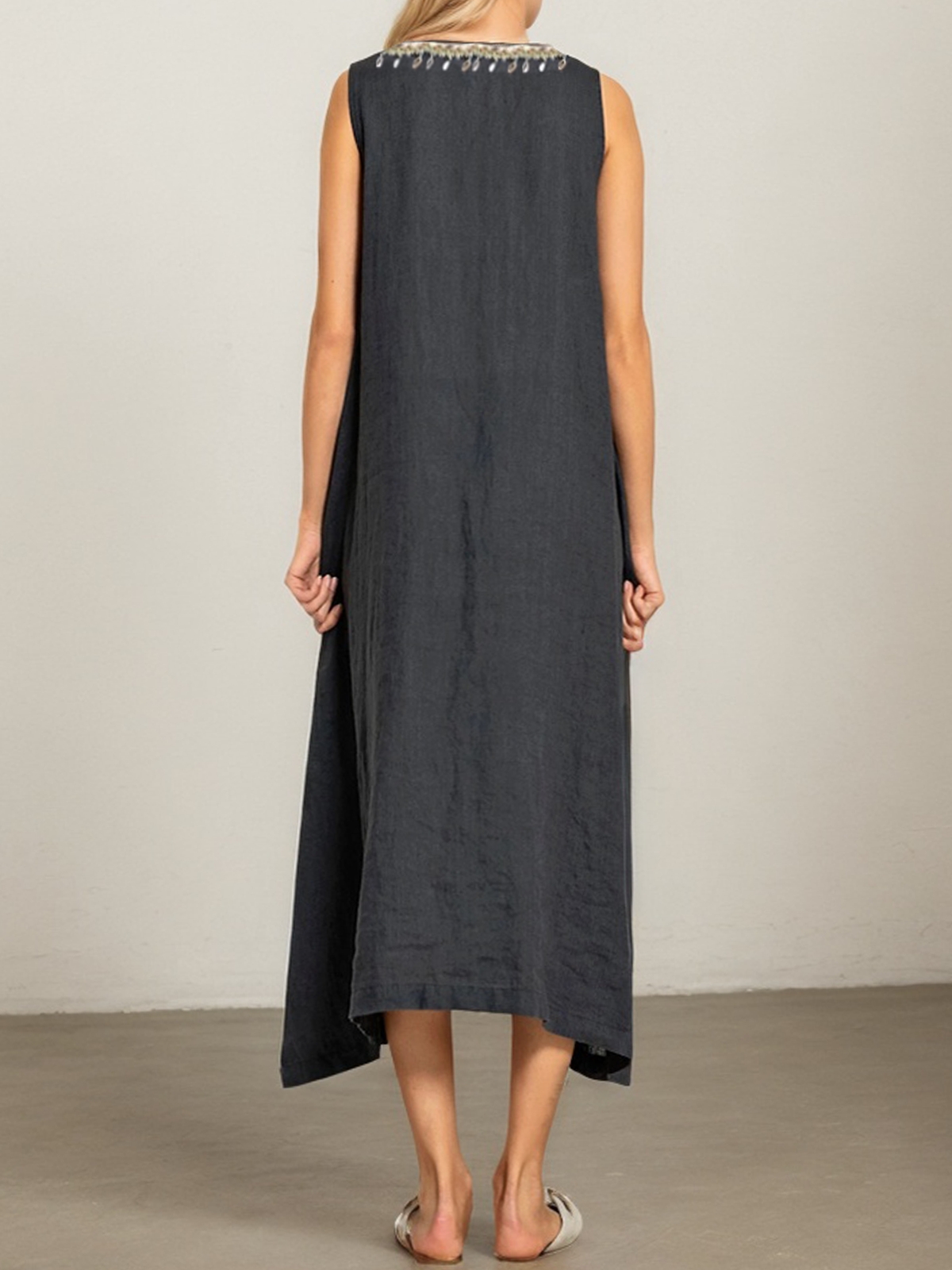 Linen Crew Neck Plain Sleeveless Maxi Dress