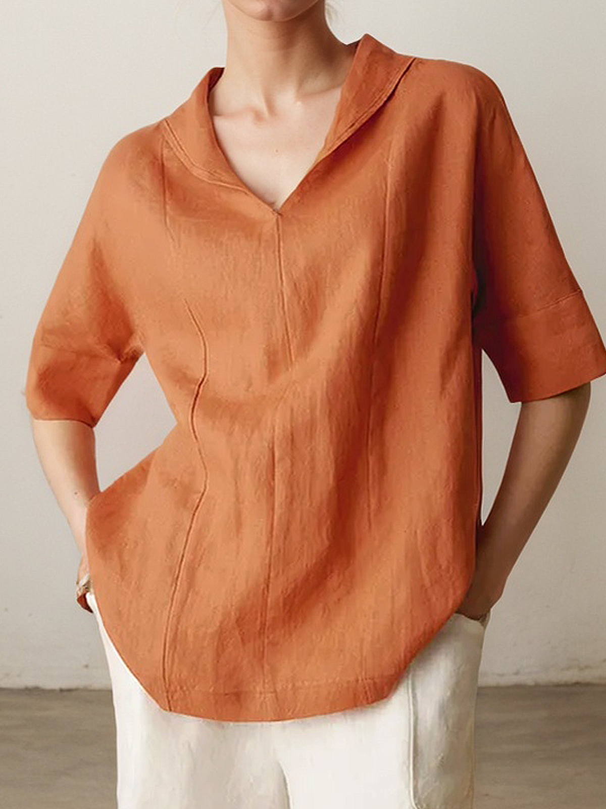Linen Shawl Collar Plain Short Sleeve Blouse