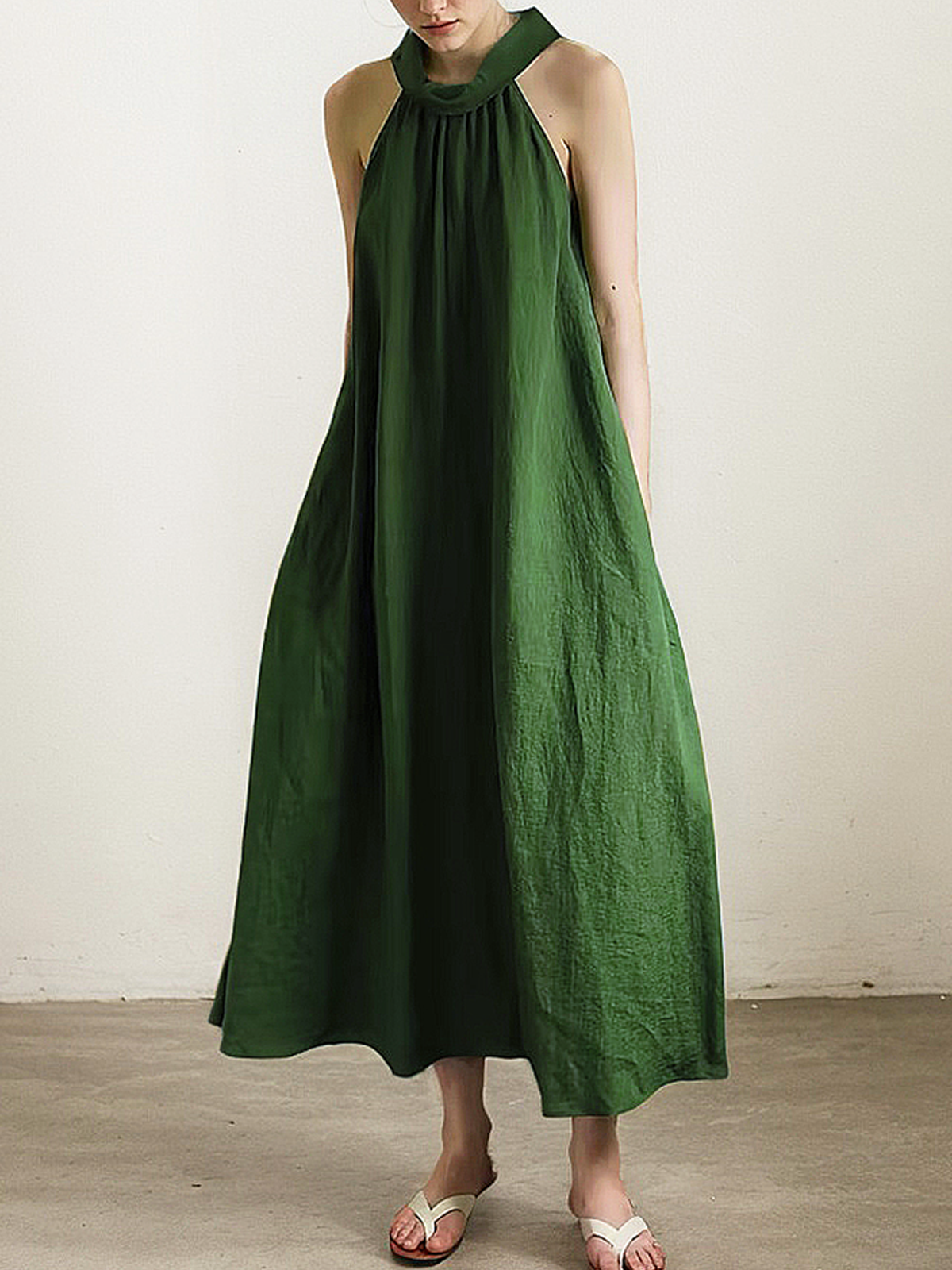 Linen Halter Plain Sleeveless Maxi Dress