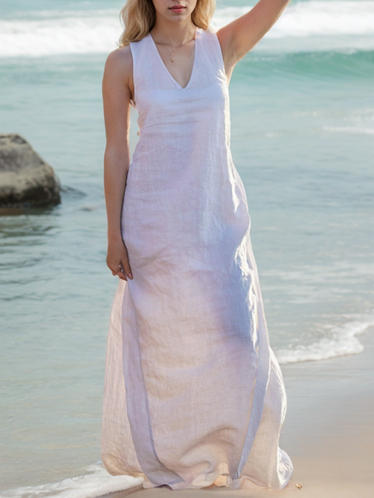 Cotton And Linen V-neck Cross Design Sleeveless Maxi Dress