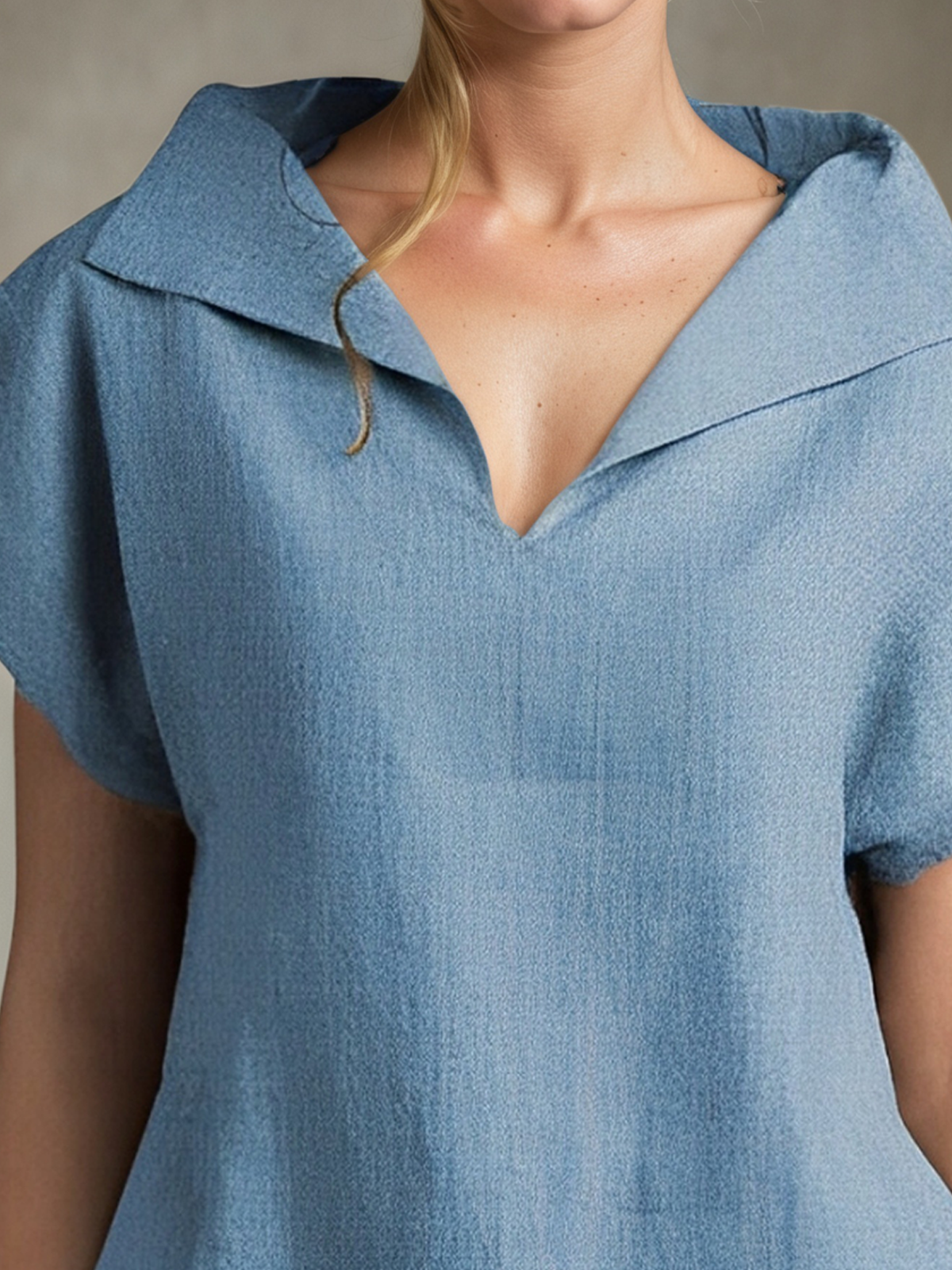 Linen Shawl Collar Plain Short Sleeve Blouse