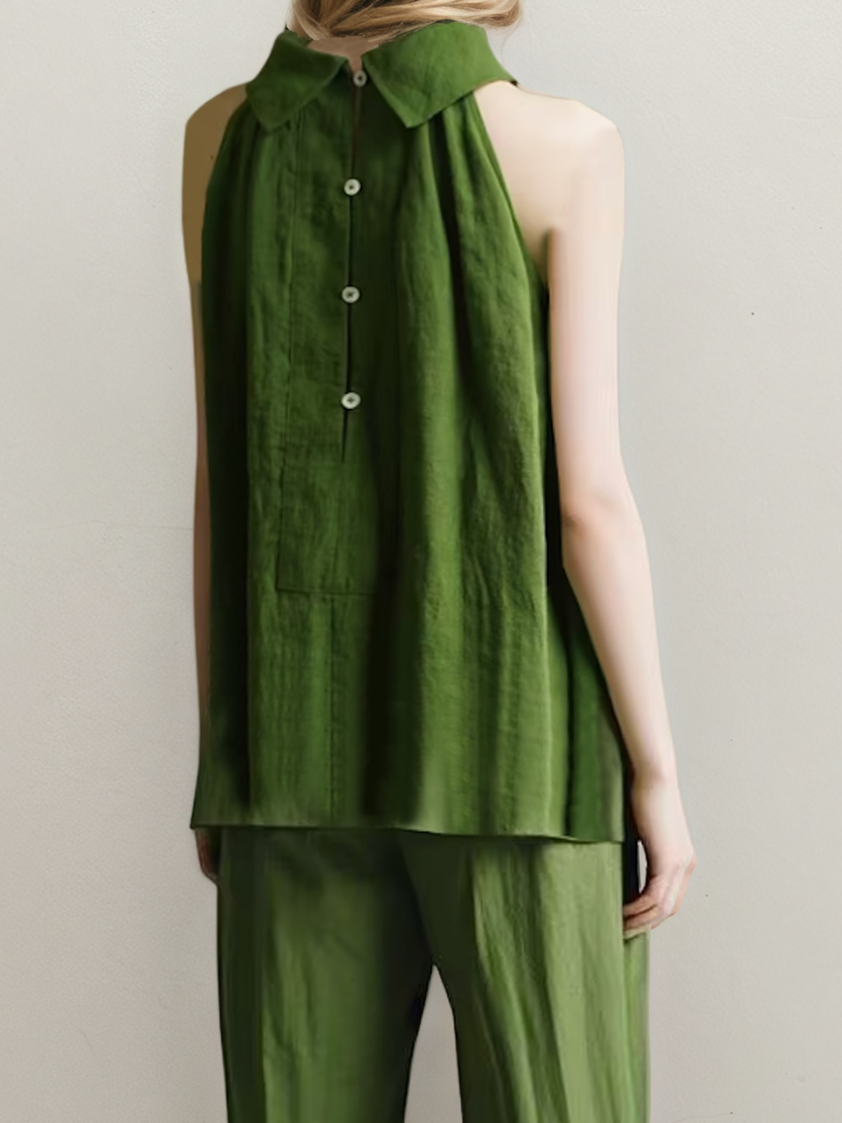 Linen Halter Plain Sleeveless Top With Pants Two-piece Set