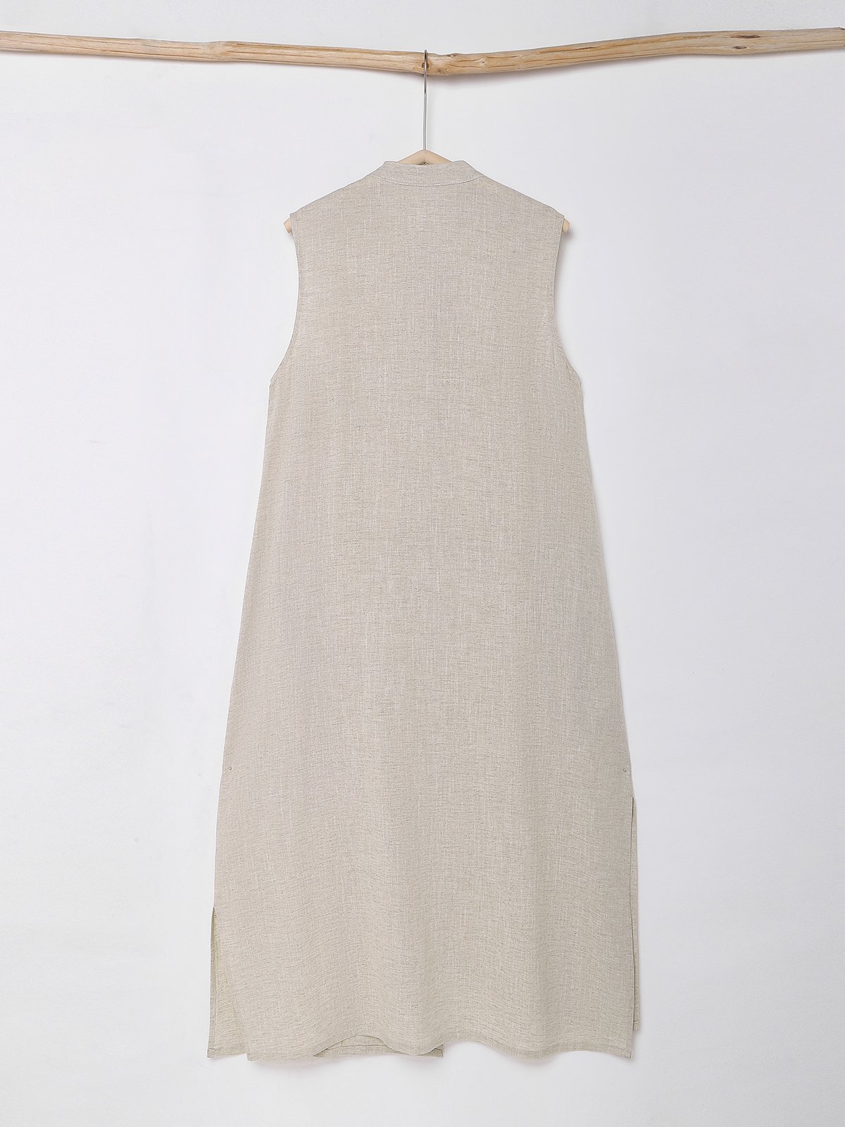 Cotton And Linen Stand Collar Button Design Sleeveless Midi Dress