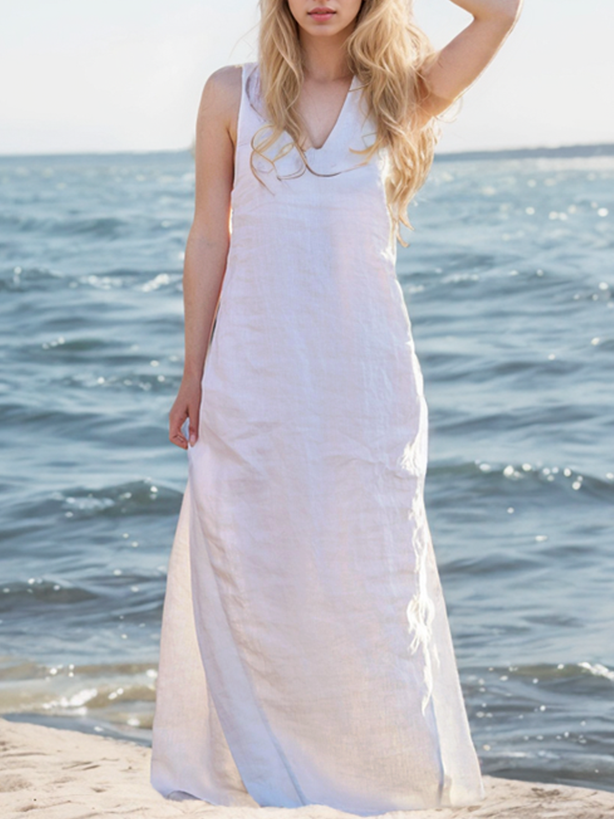 Cotton And Linen V-neck Cross Design Sleeveless Maxi Dress