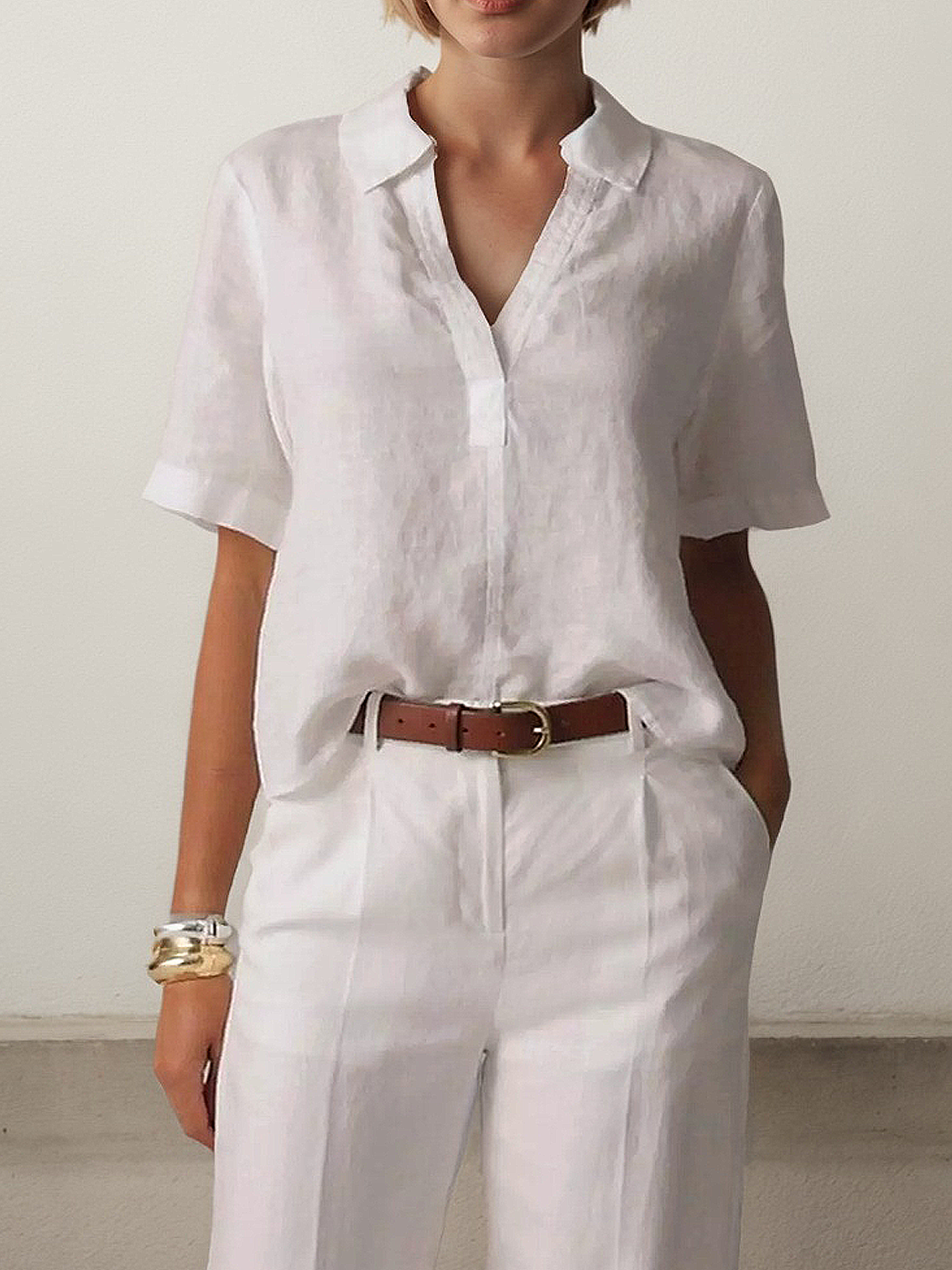 Linen Shirt Collar Plain Short Sleeve Blouse