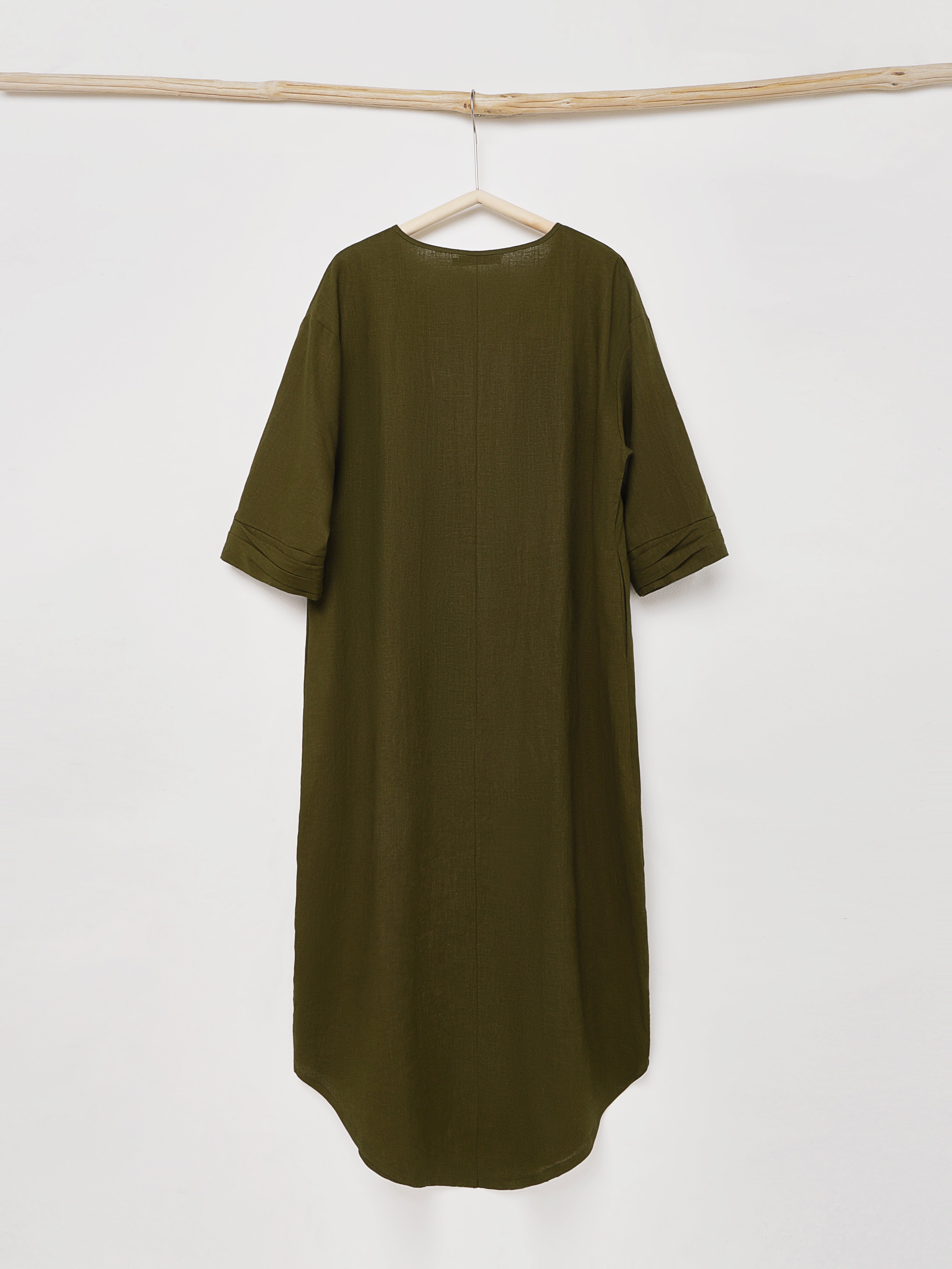 Linen-Cotton Crew Neck Plain Long Sleeve Maxi Dress