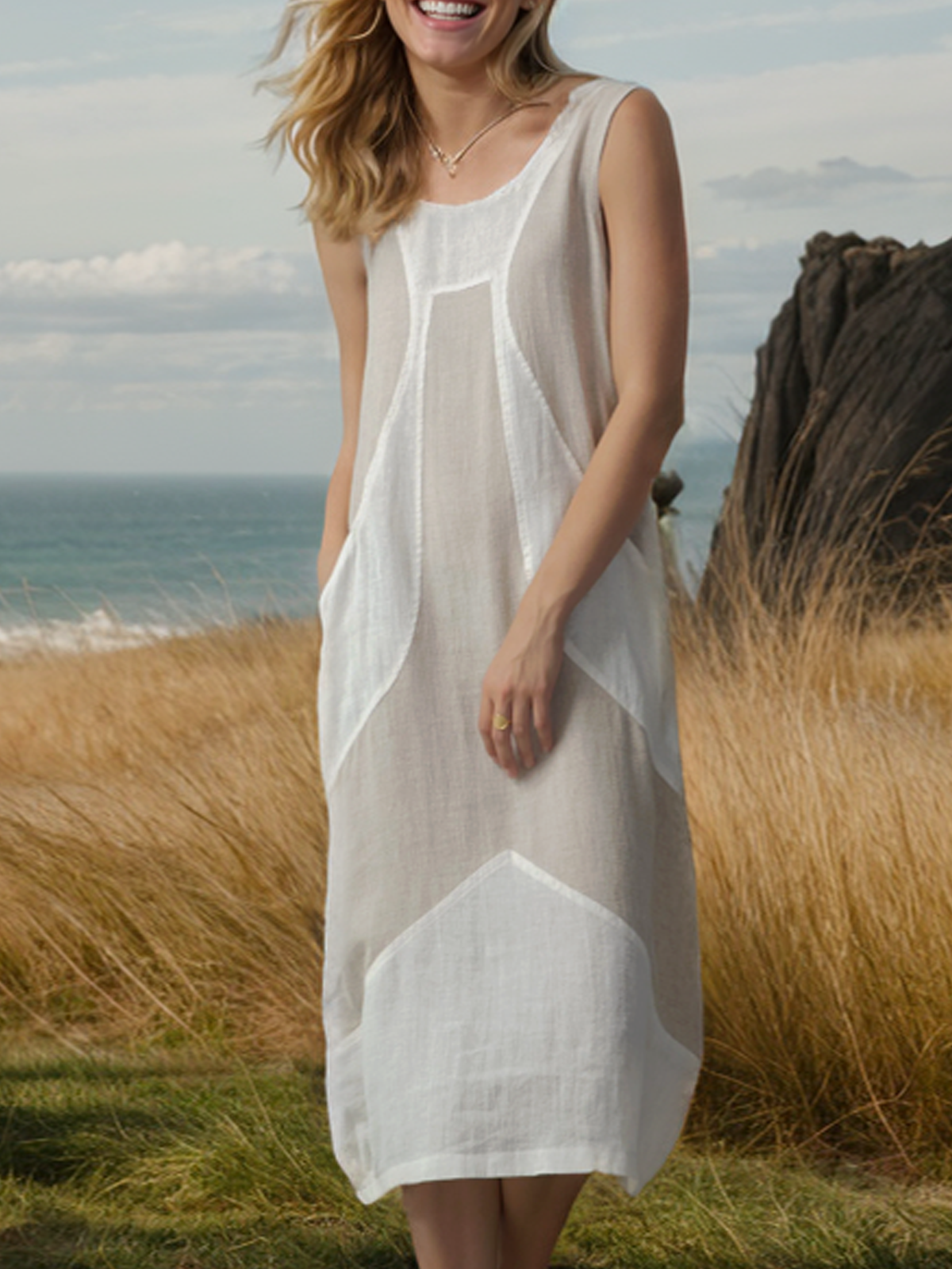 Linen-Cotton Geometric Patchwork Sleeveless Relaxed Fit Minimalist Natural Style Dress