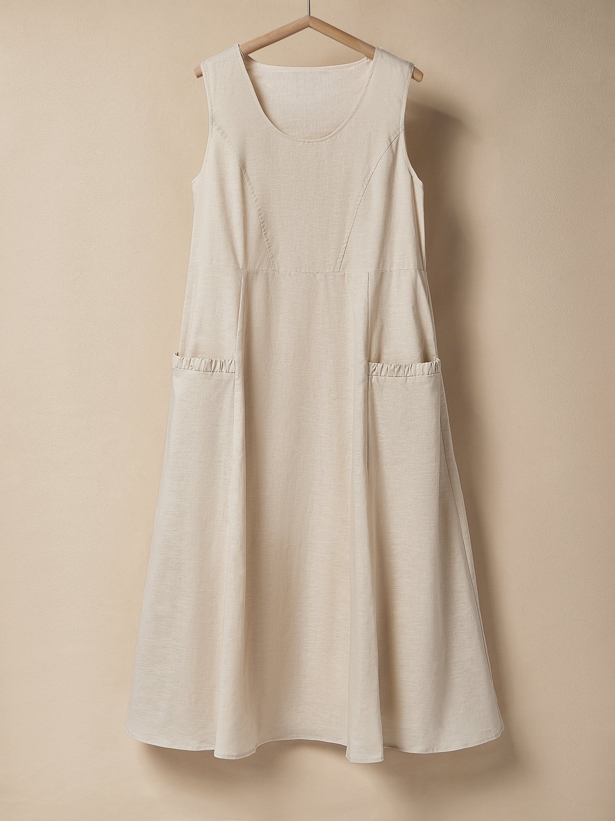 Cotton And Linen Crew Neck Plain Sleeveless Maxi Dress