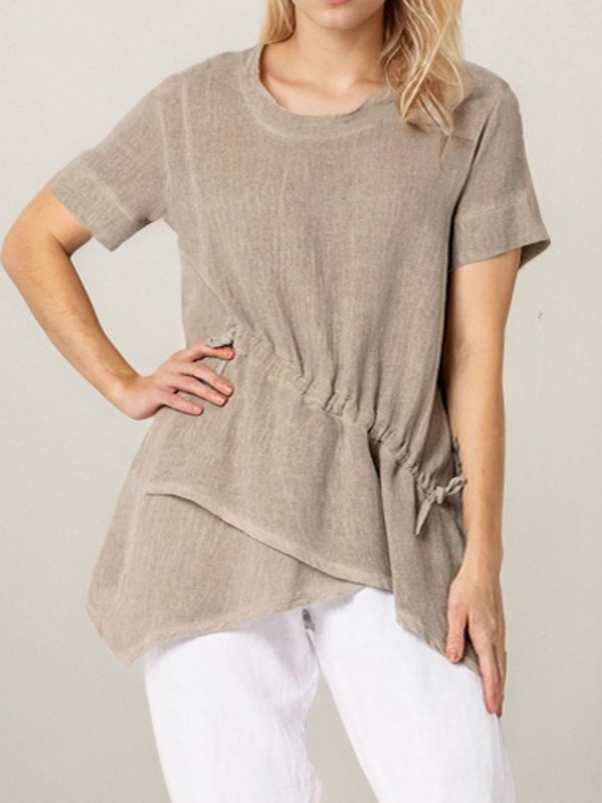Linen Crew Neck Plain Short Sleeve Blouse