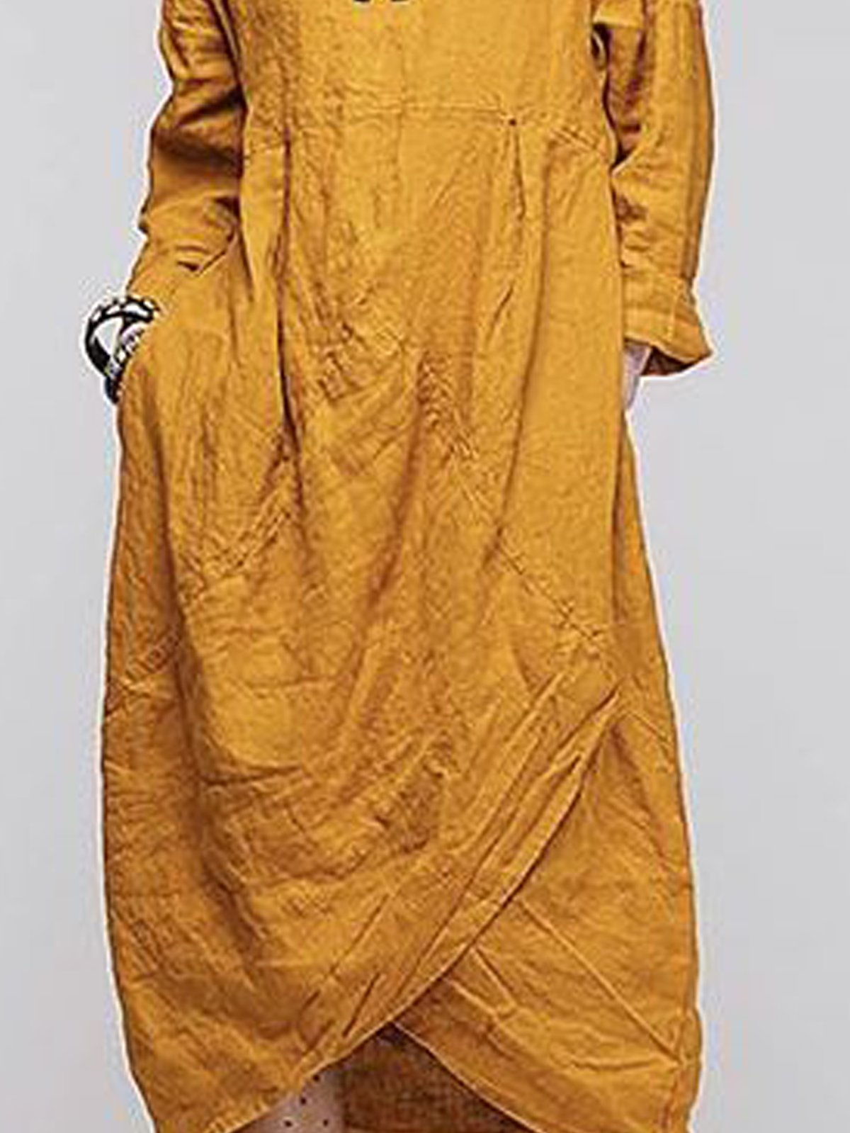 Cotton And Linen Crew Neck Plain Long Sleeve Maxi Dress