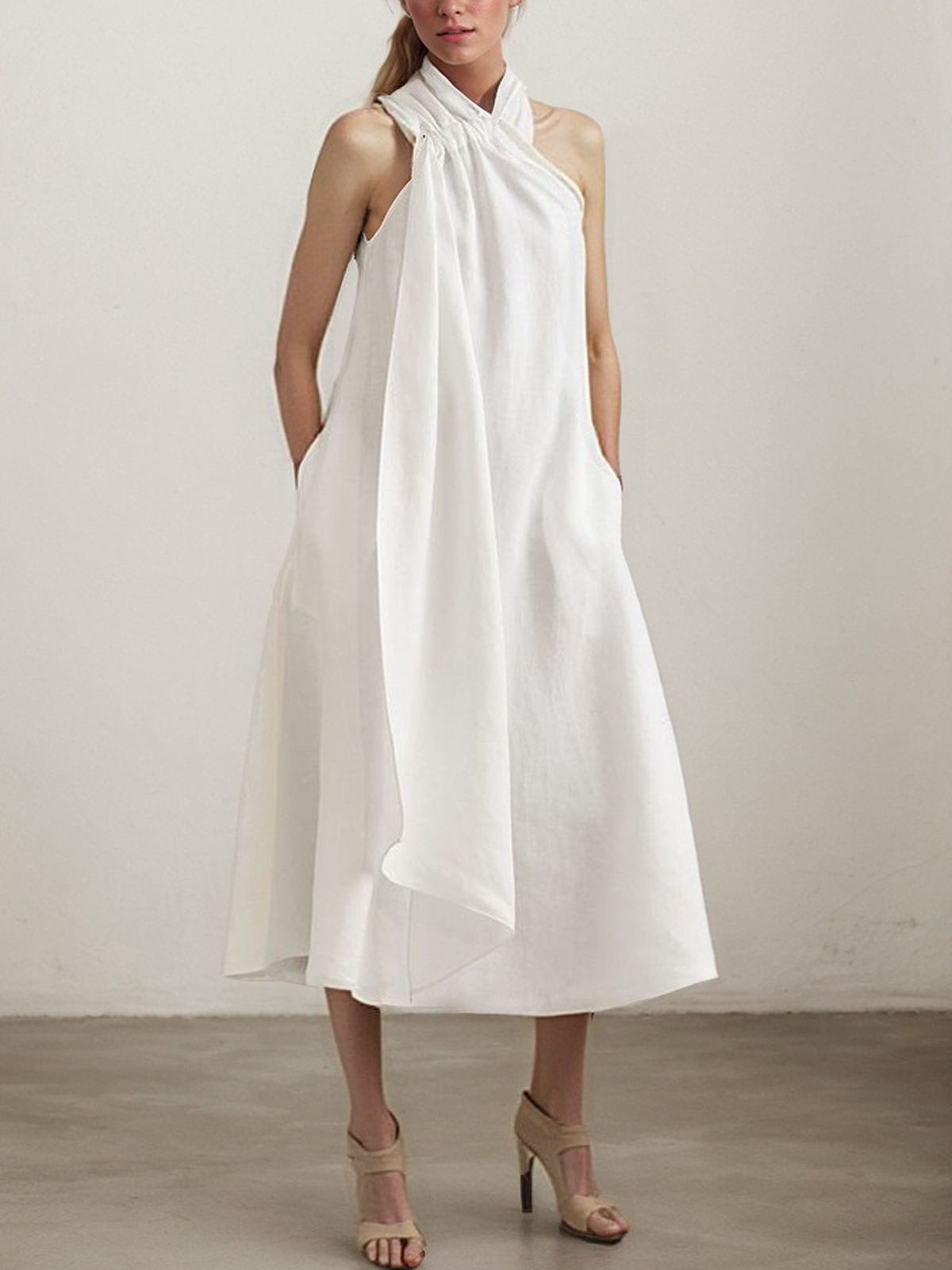 Linen Halter Plain Sleeveless Midi Dress