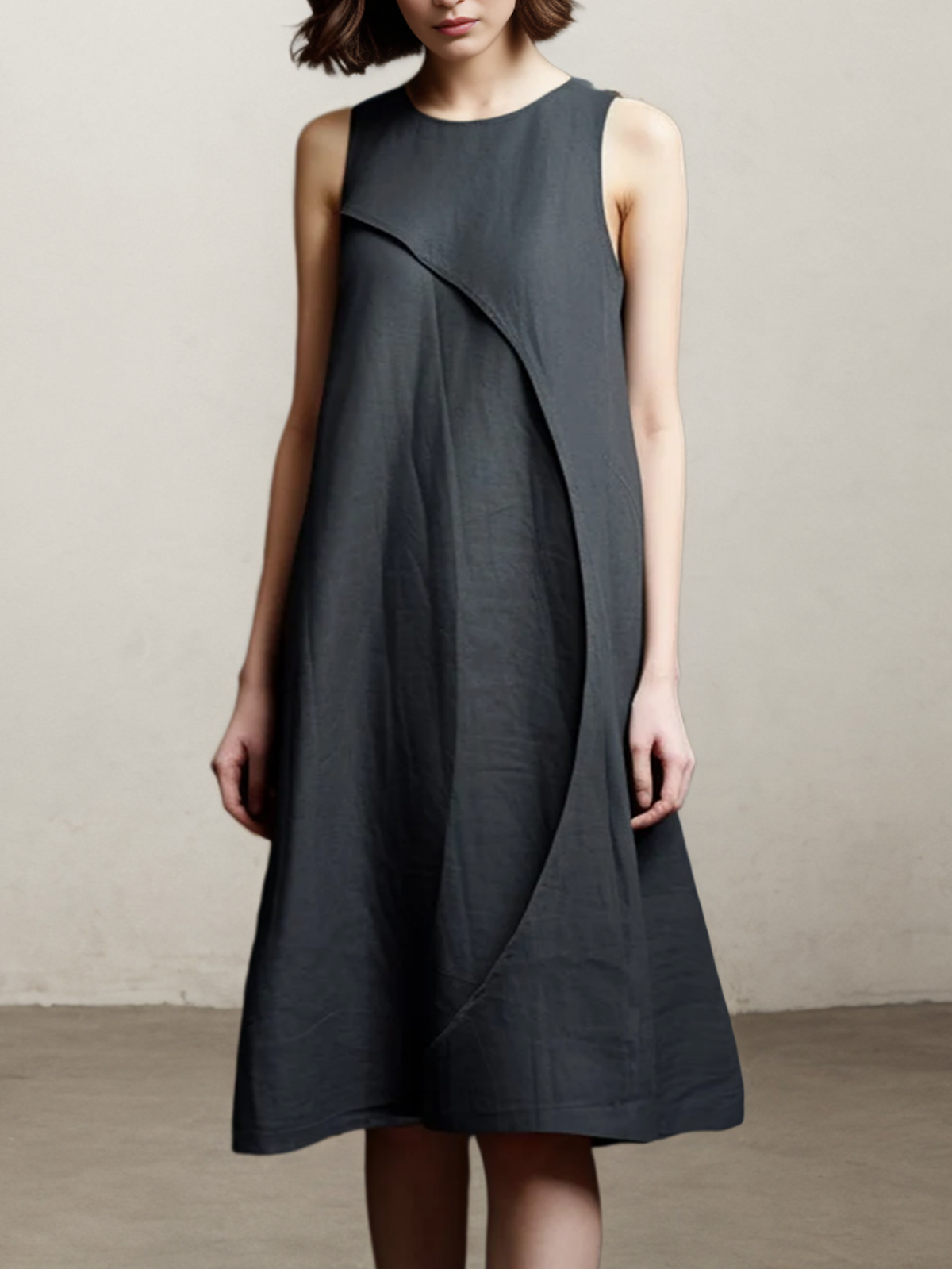 Cotton And Linen Crew Neck Plain Sleeveless Mini Dress