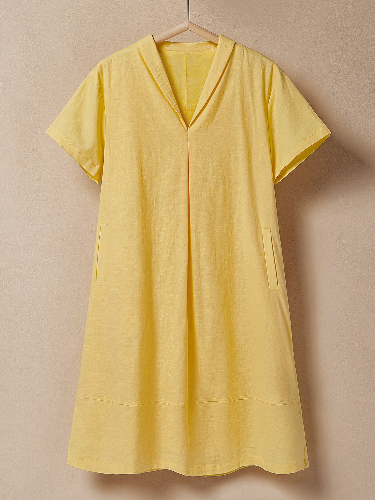 Linen Shawl Collar Plain Short Sleeve Mini Dress