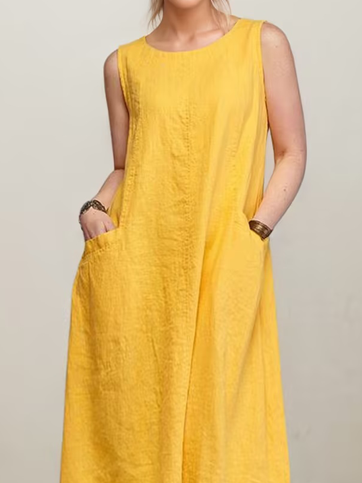 Linen Crew Neck Plain Sleeveless Maxi Dress
