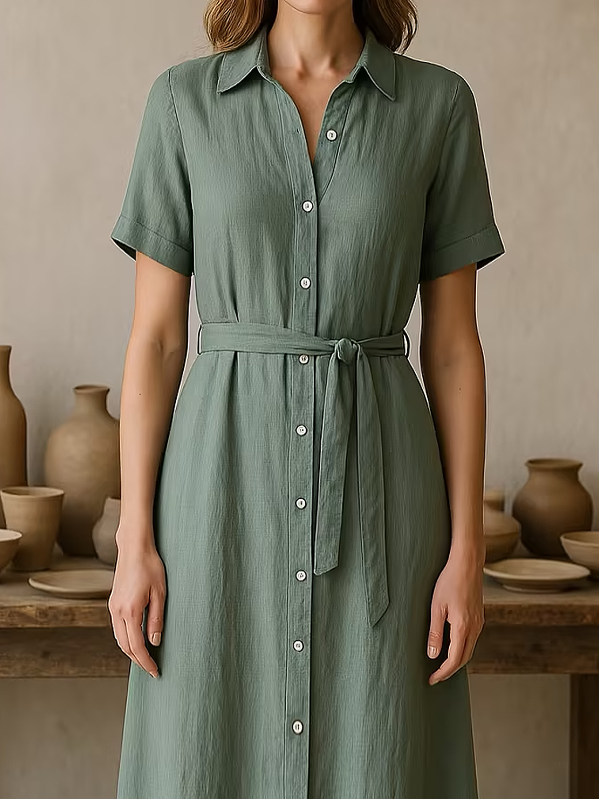 Linen Shirt Collar Plain Short Sleeve Maxi Dress