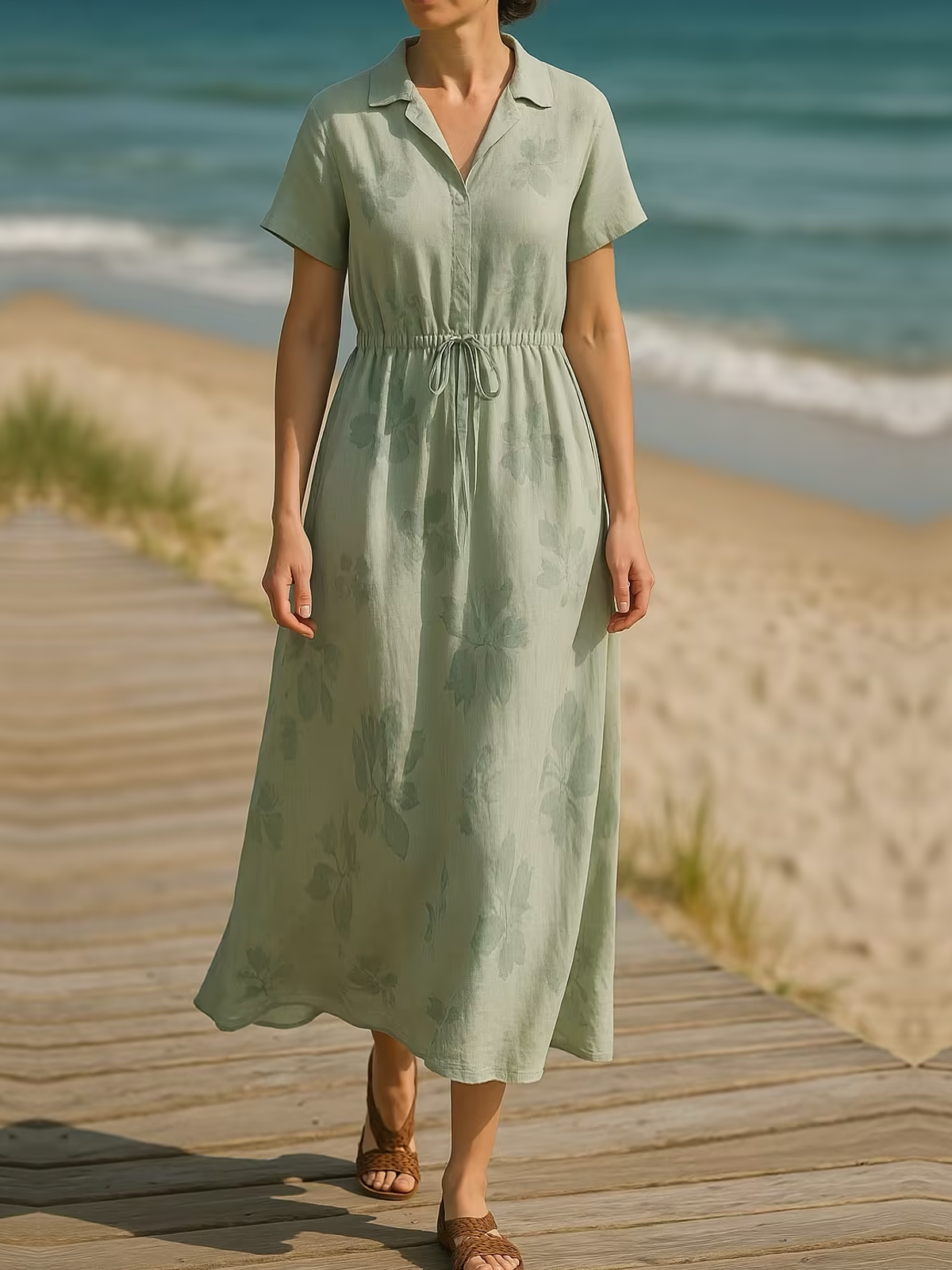 Linen Shirt Collar Floral Short Sleeve Maxi Dress