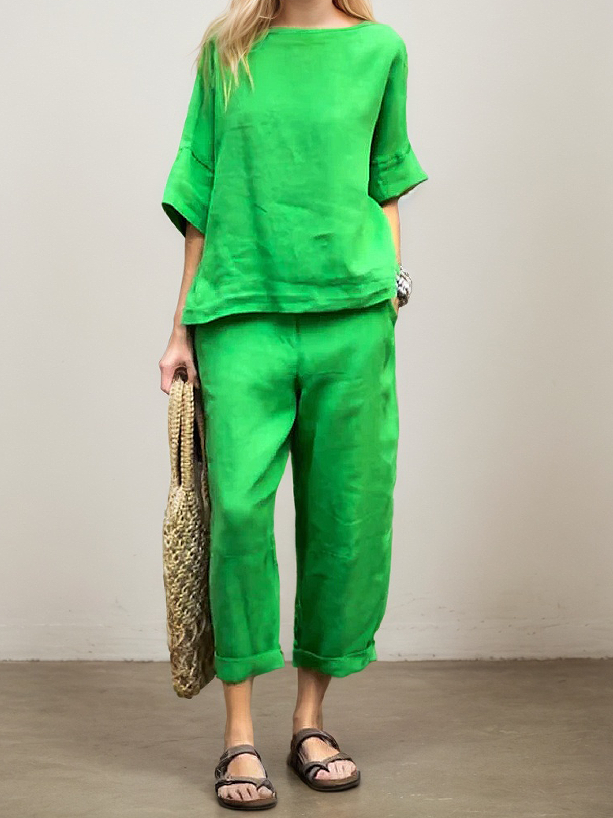 Linen Crew Neck Plain Half Sleeve Top With Pants Two-piece Set