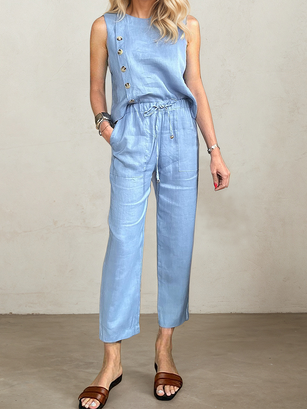 Linen Crew Neck Plain Sleeveless Tank Top