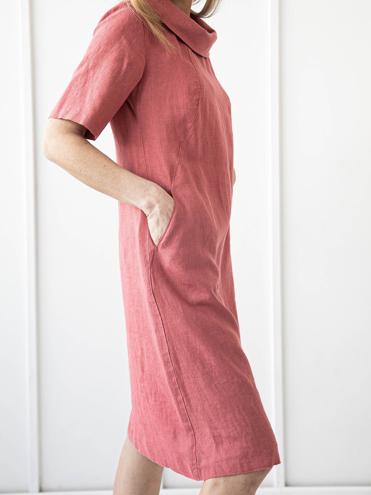 Cotton And Linen Crew Neck Plain Short Sleeve Midi Dress