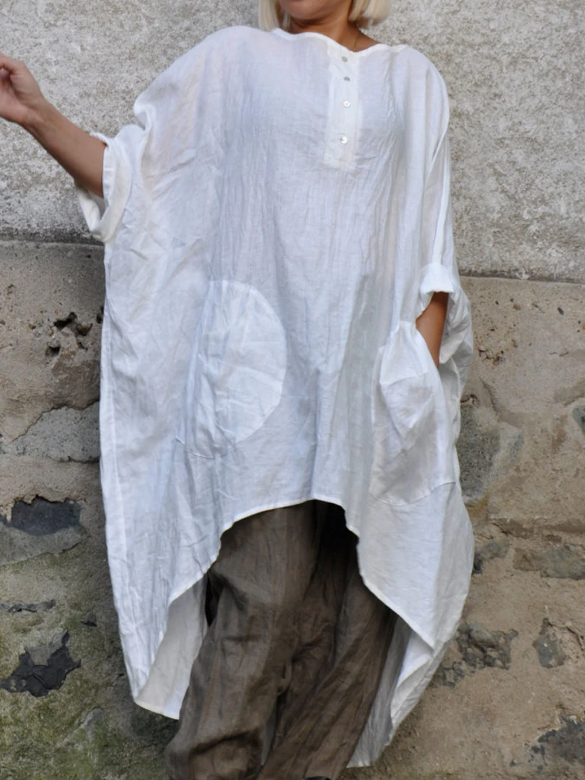 Cotton And Linen Crew Neck Plain Three Quarter Sleeve Blouse