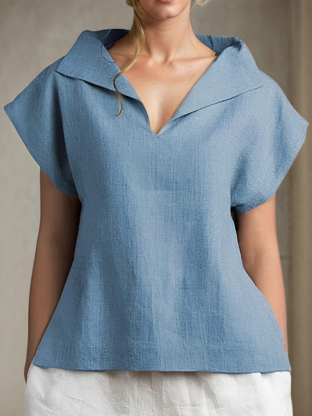 Linen Shawl Collar Plain Short Sleeve Blouse