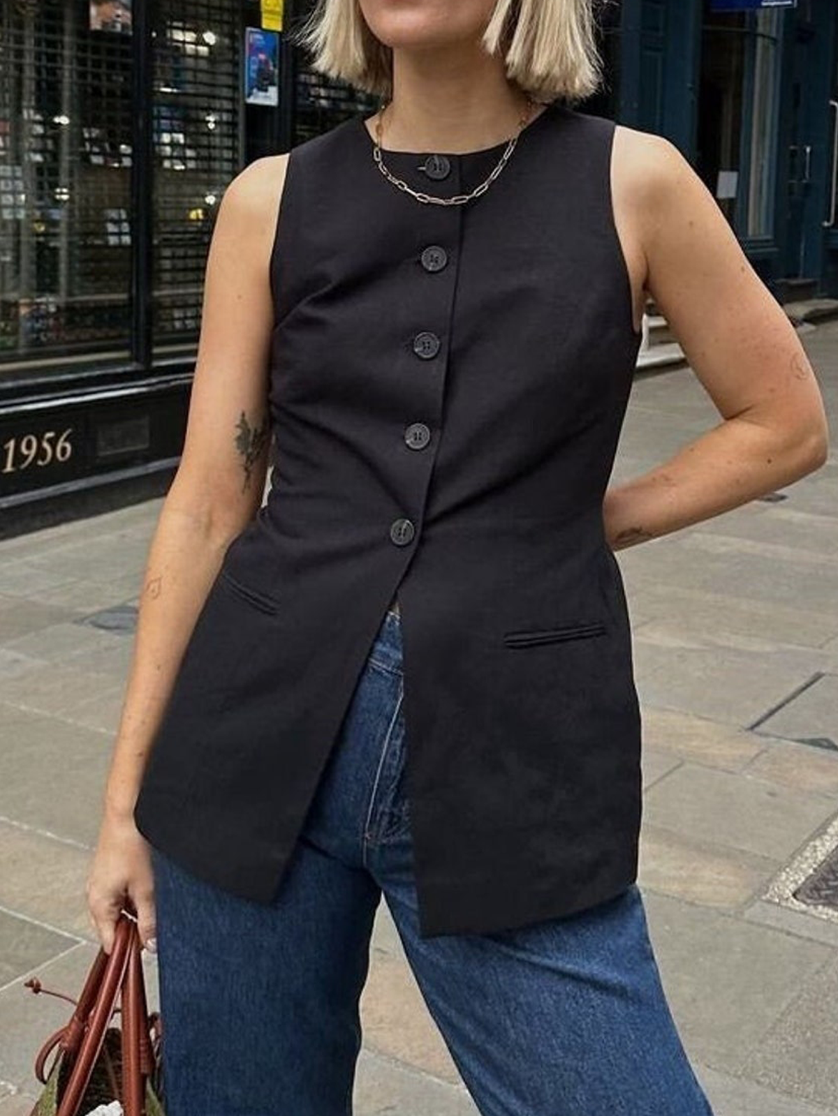 Cotton And Linen Crew Neck Button Design Sleeveless Tank Top