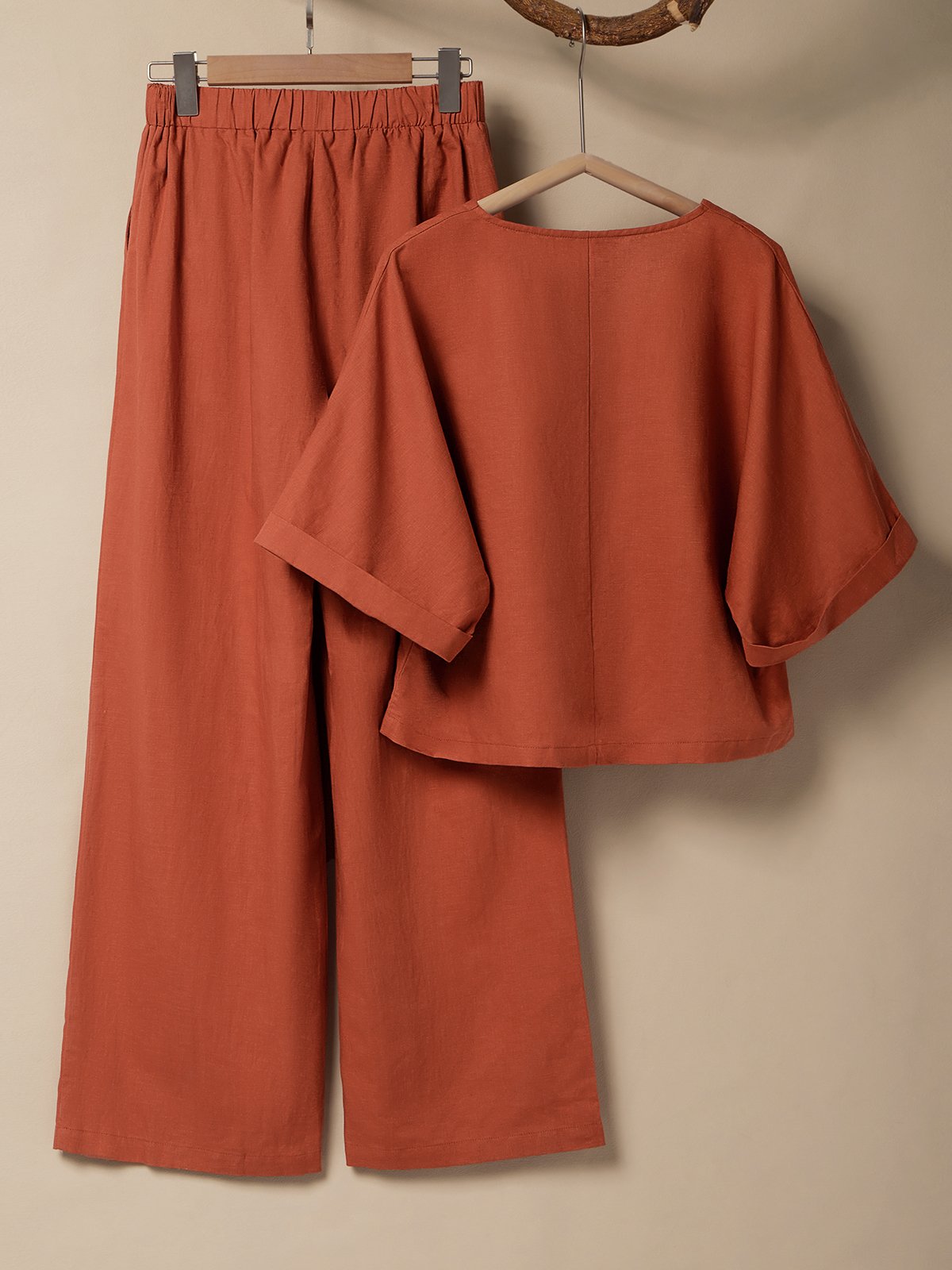 Cotton And Linen Crew Neck Plain Short Sleeve Top With Pants Two-piece Set