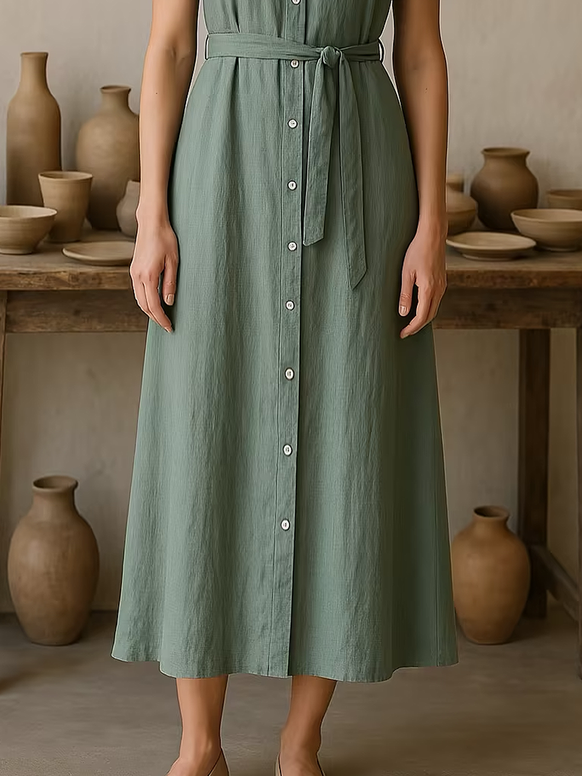 Linen Shirt Collar Plain Short Sleeve Maxi Dress