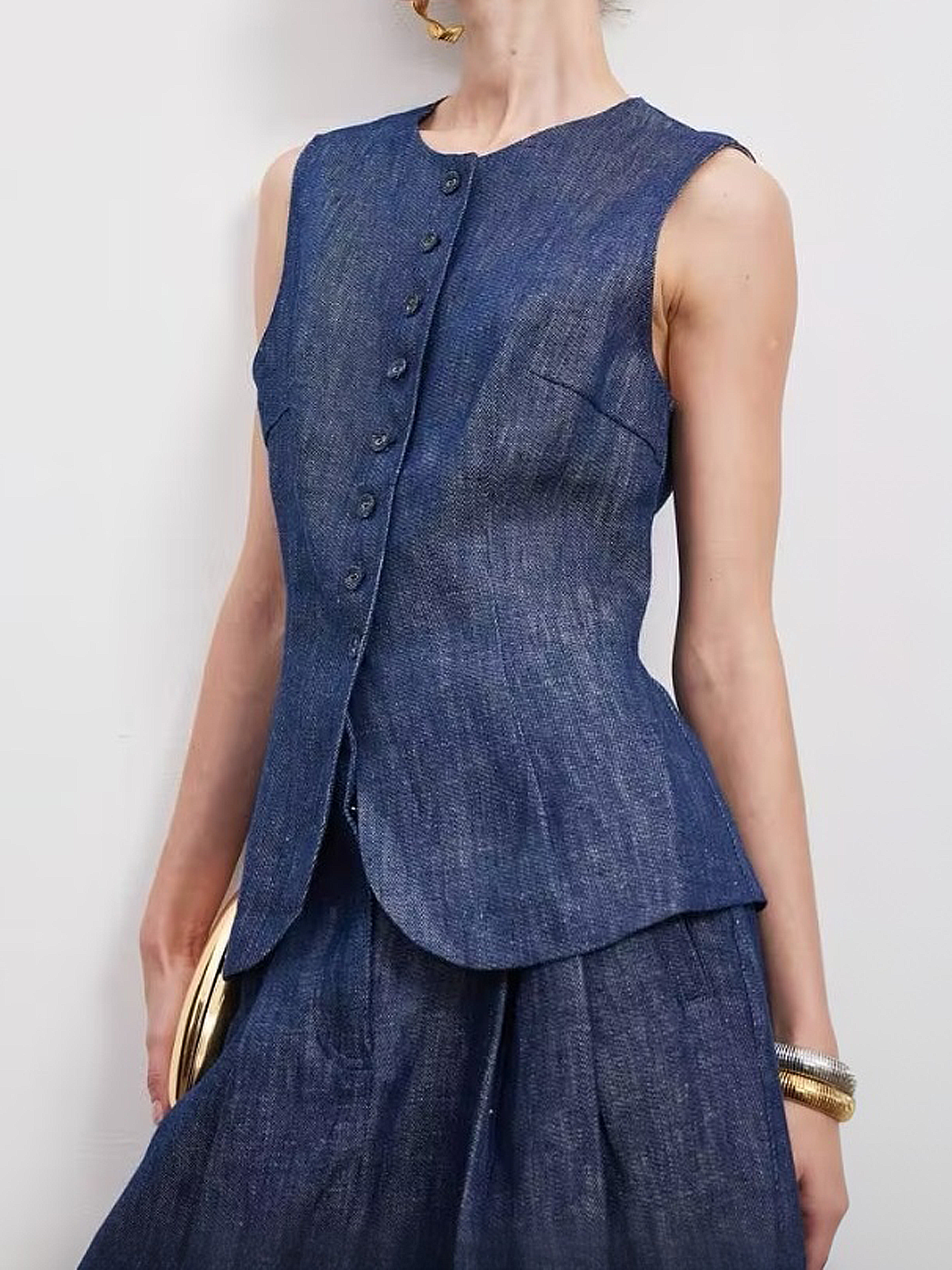 Linen Crew Neck Plain Sleeveless Vest