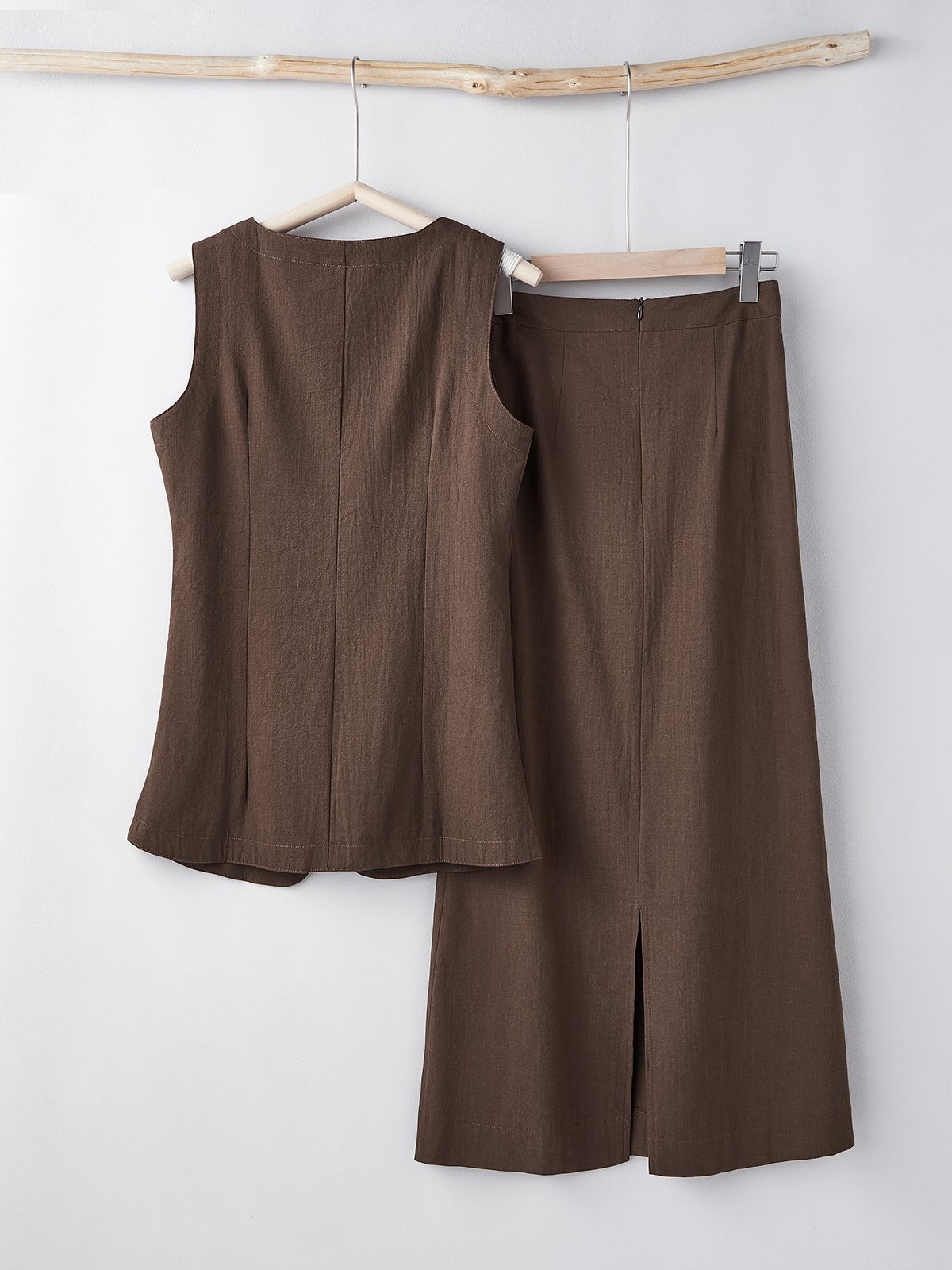 Cotton And Linen Plain Sleeveless Top With Skirt Two-piece Set