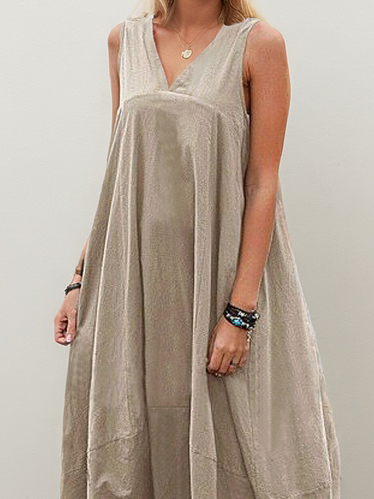 Linen V Neck Plain Sleeveless Maxi Dress