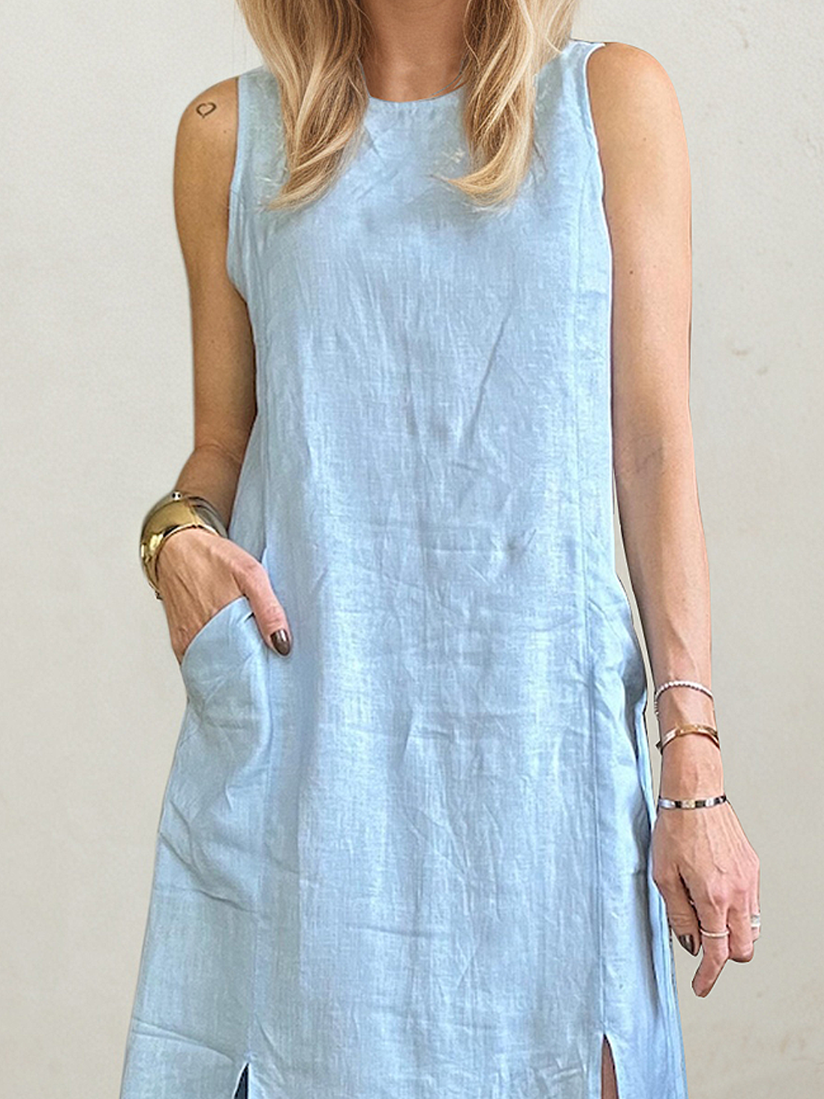 Linen Crew Neck Plain Sleeveless Maxi Dress