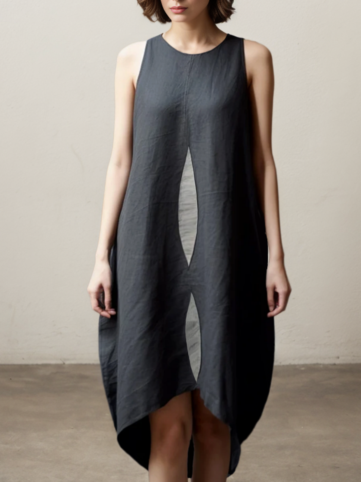 Cotton And Linen Crew Neck Plain Sleeveless Mini Dress