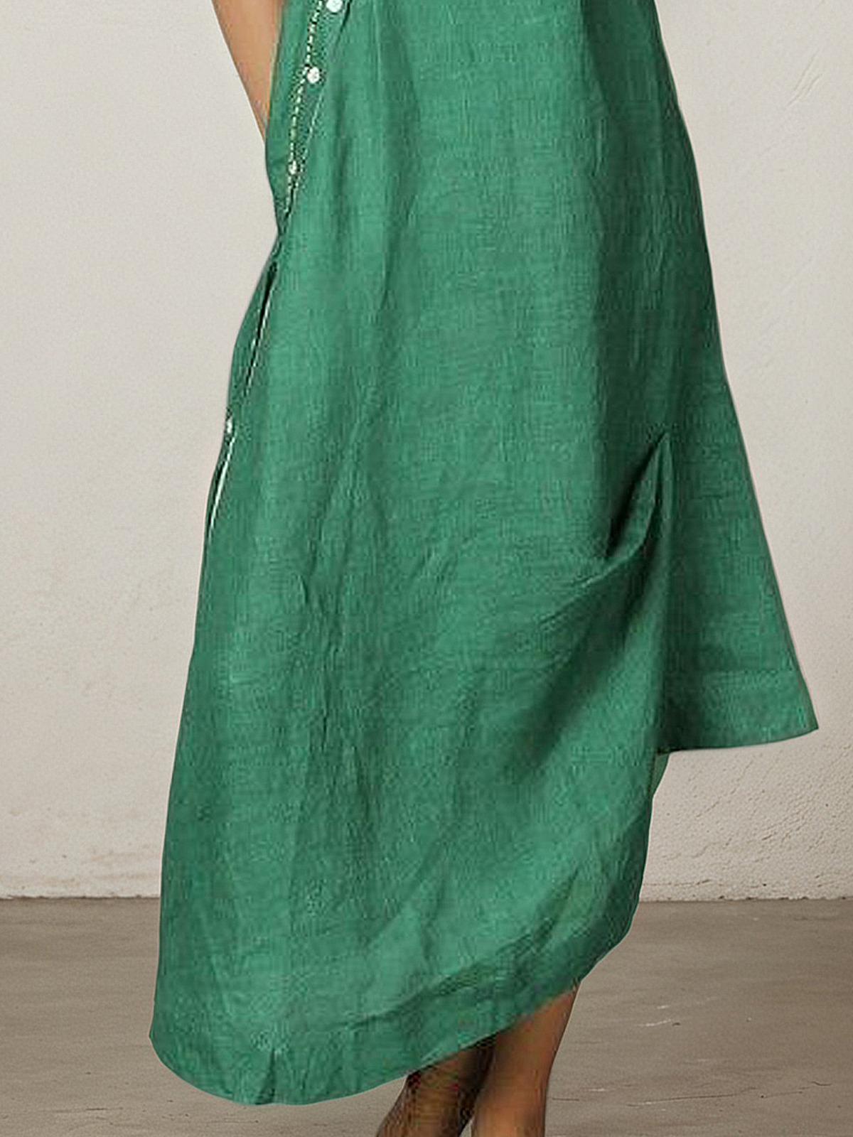 Linen Stand Collar Plain Half Sleeve Maxi Dress