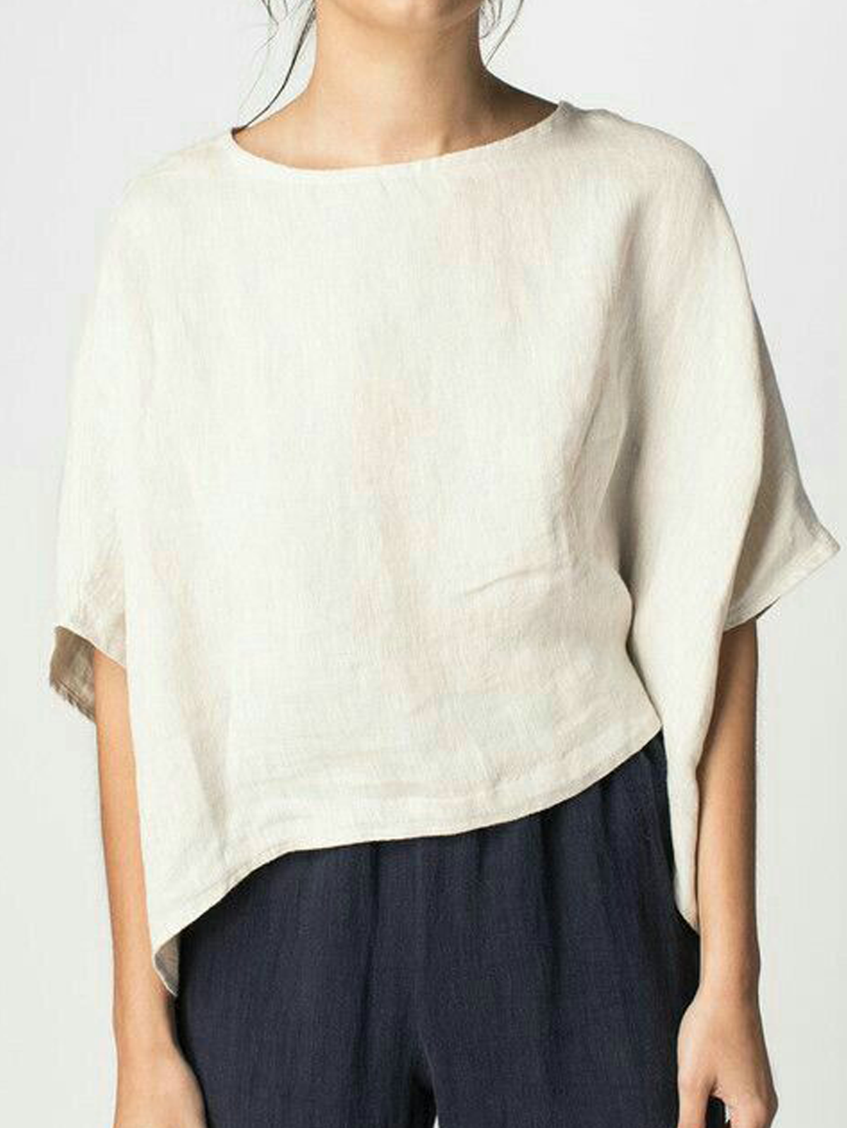 Cotton And Linen Crew Neck Plain Long Sleeve Blouse