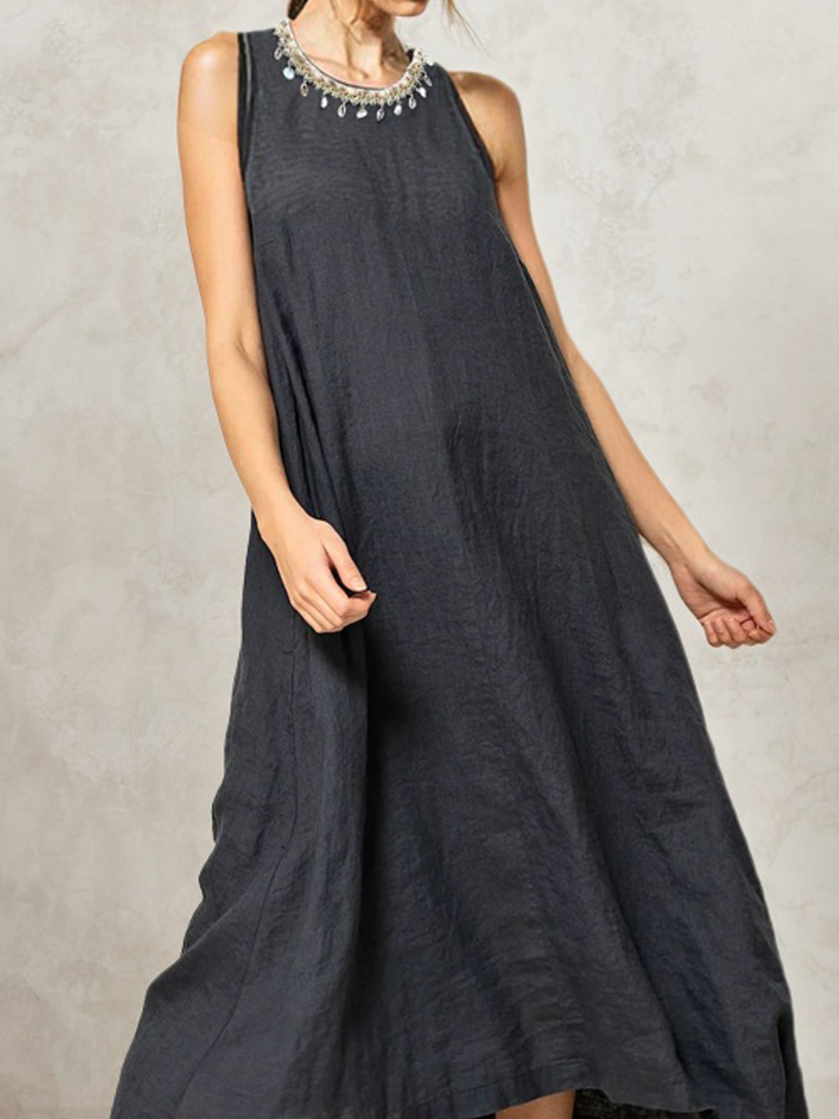 Linen Crew Neck Plain Sleeveless Maxi Dress