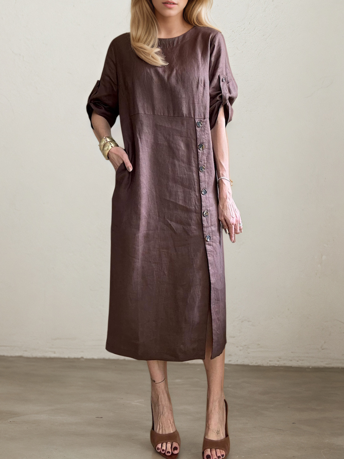 Linen Crew Neck Plain Short Sleeve Midi Dress