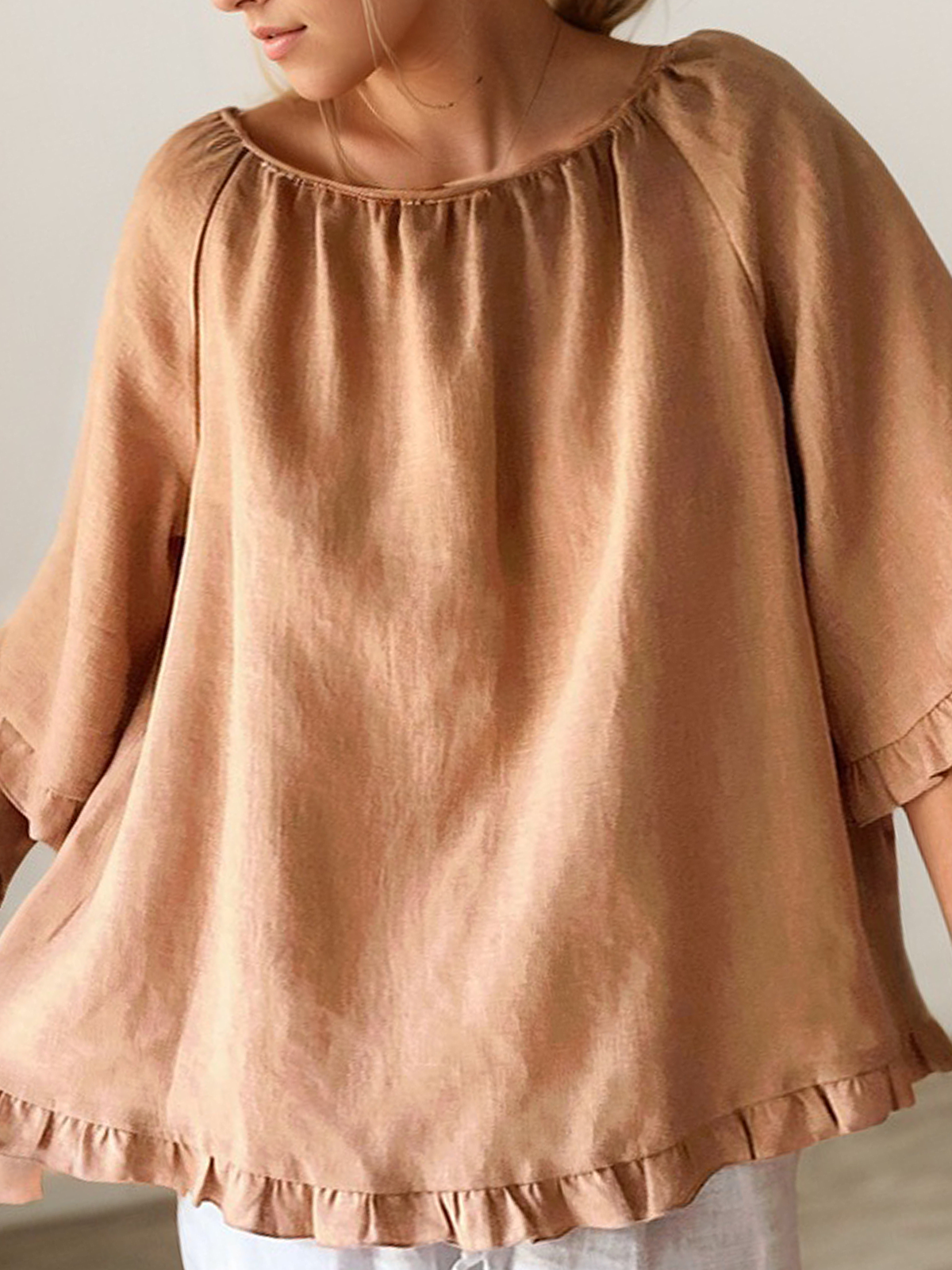 Linen Crew Neck Plain Short Sleeve Blouse