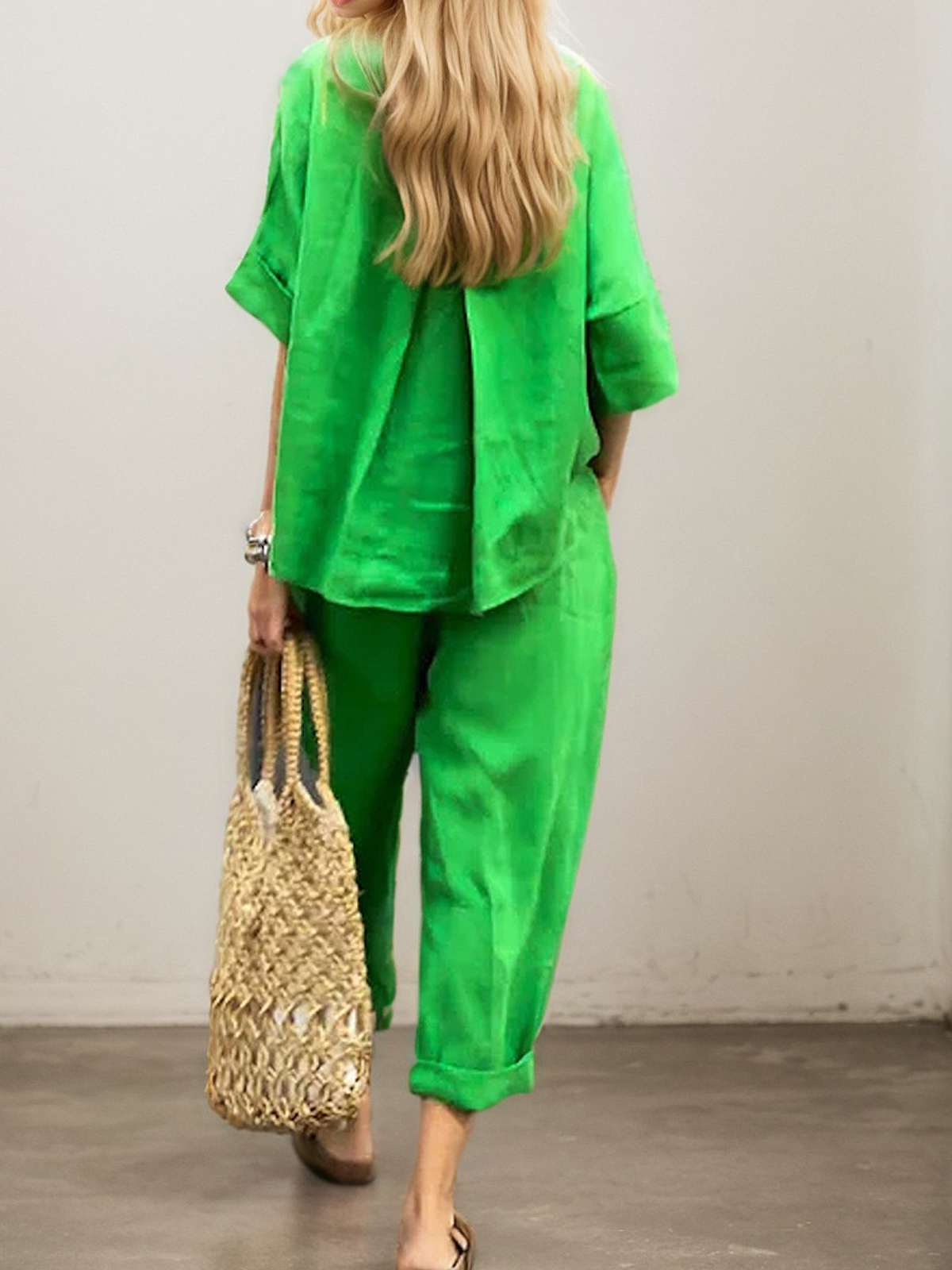 Linen Crew Neck Plain Half Sleeve Top With Pants Two-piece Set